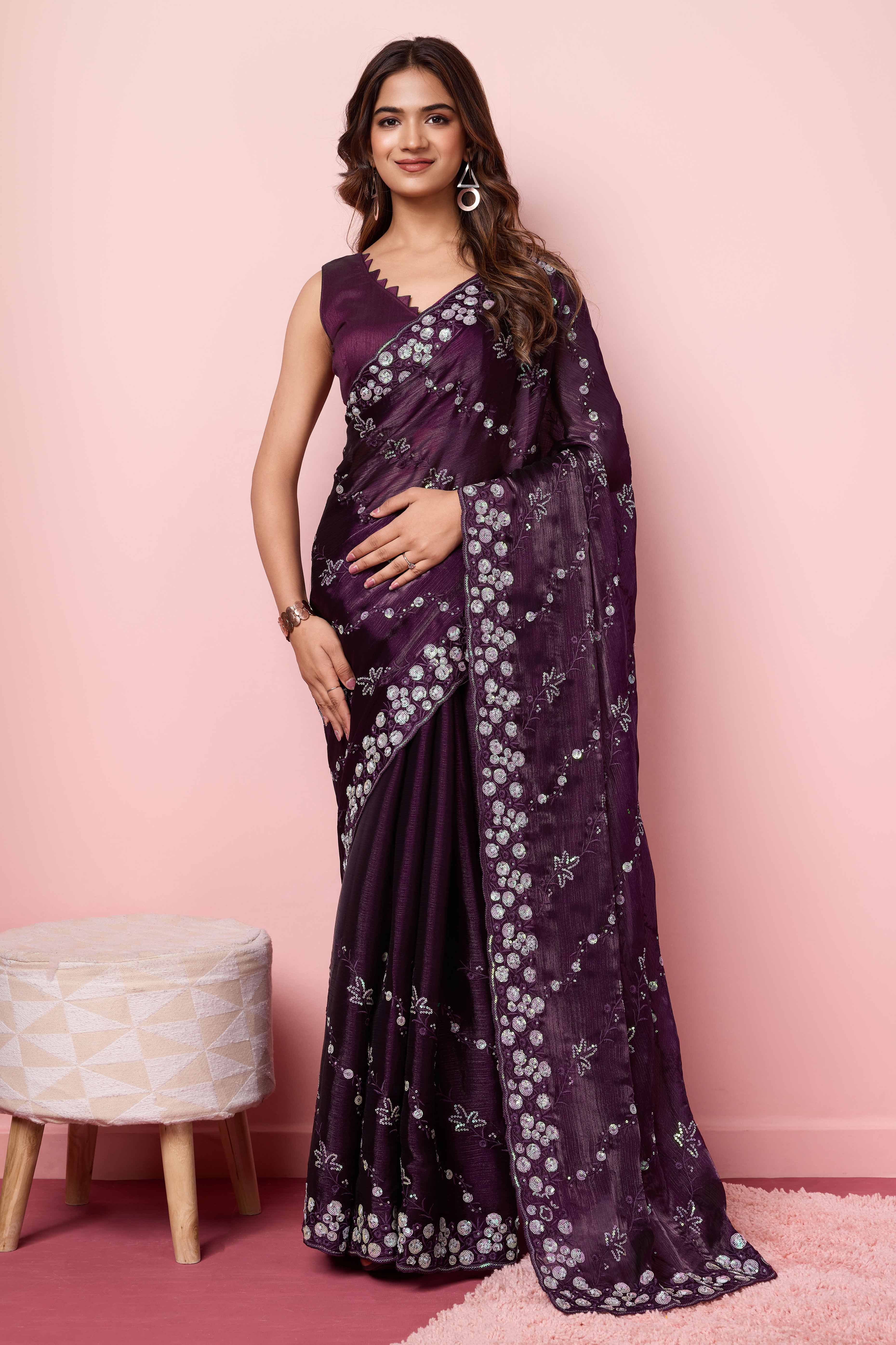 Wine Floral Sequins Embroidered Burberry Silk Saree