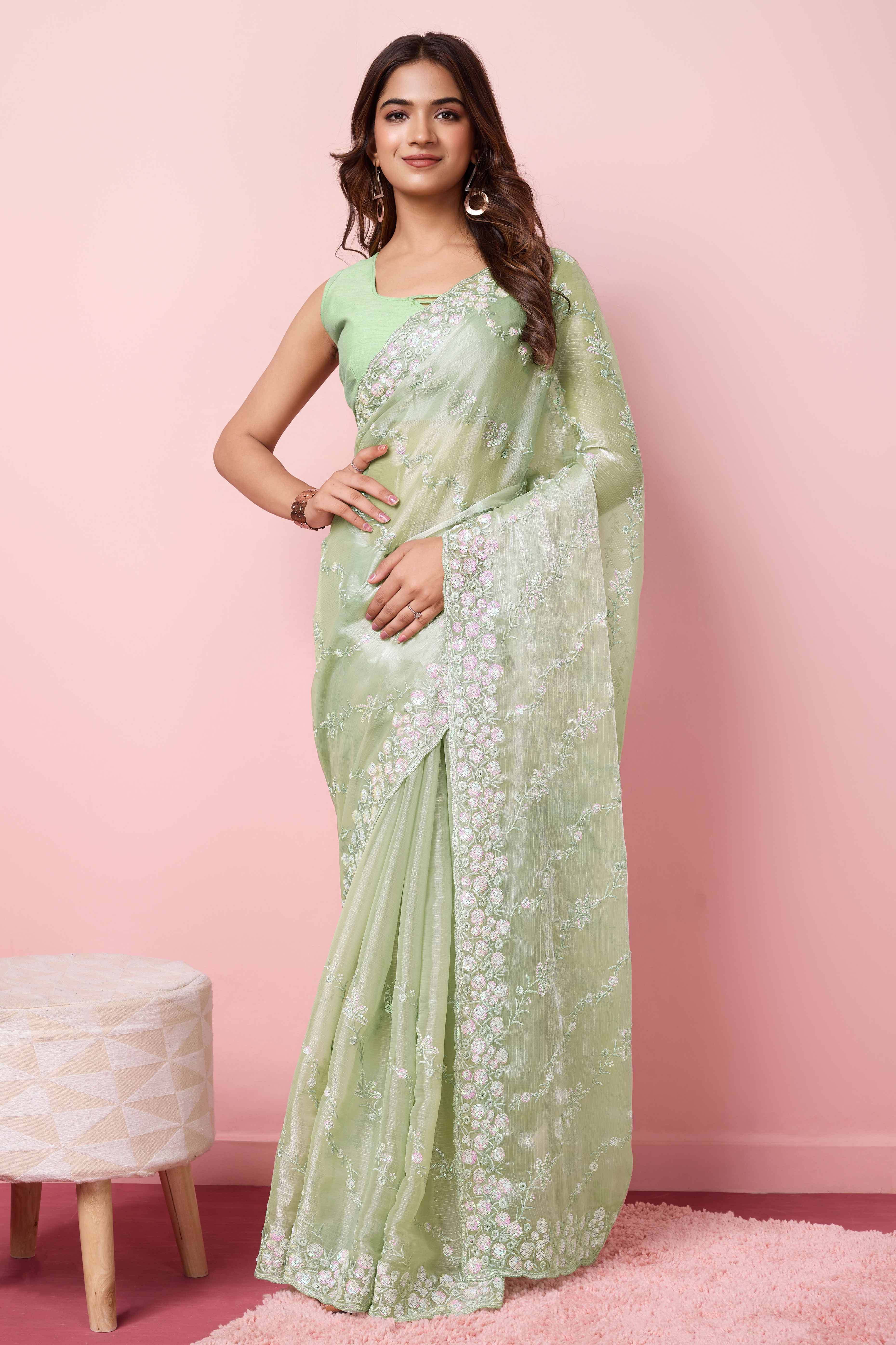 Green Floral Sequins Embroidered Burberry Silk Saree