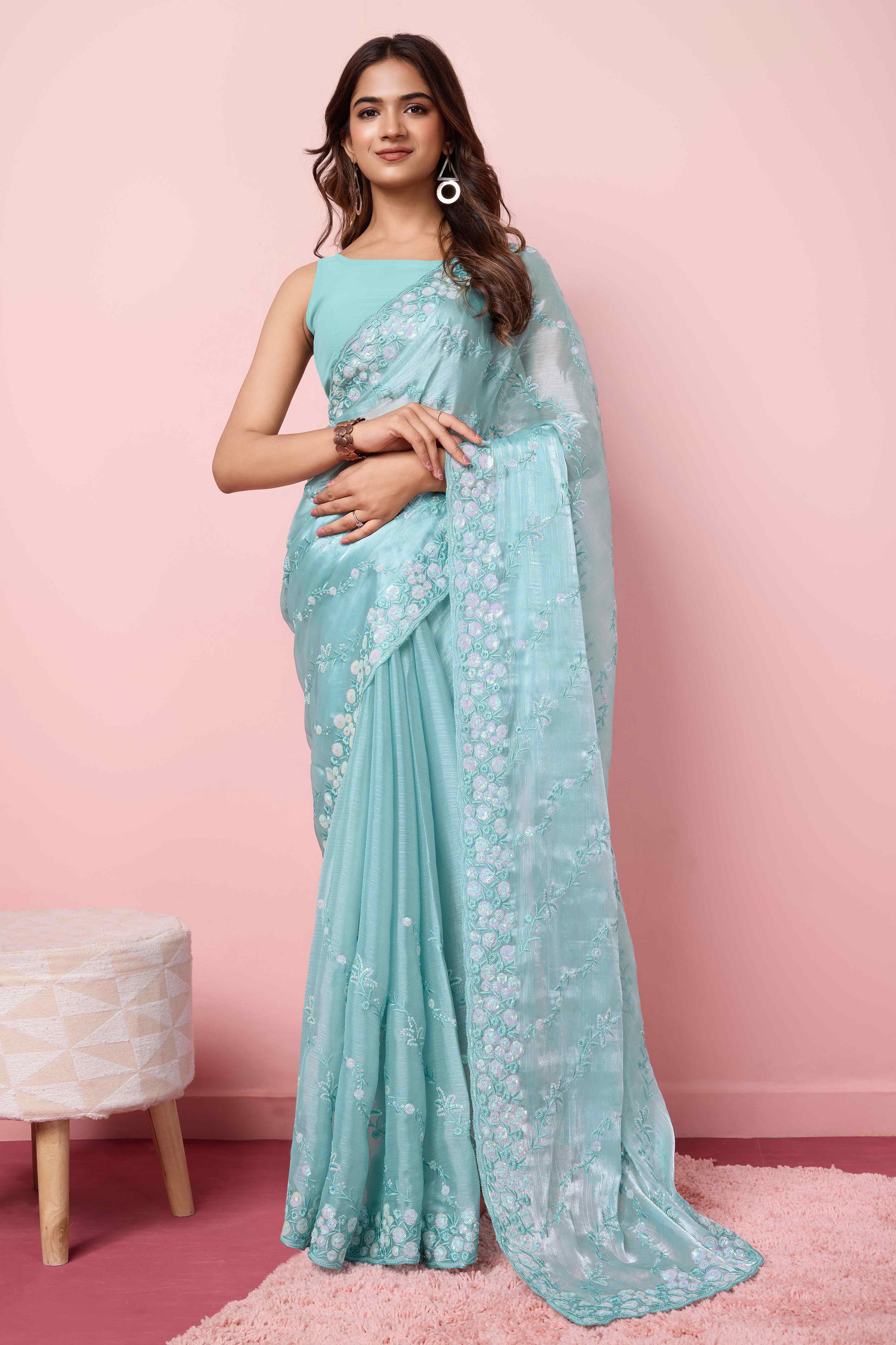 Blue Floral Sequins Embroidered Burberry Silk Saree