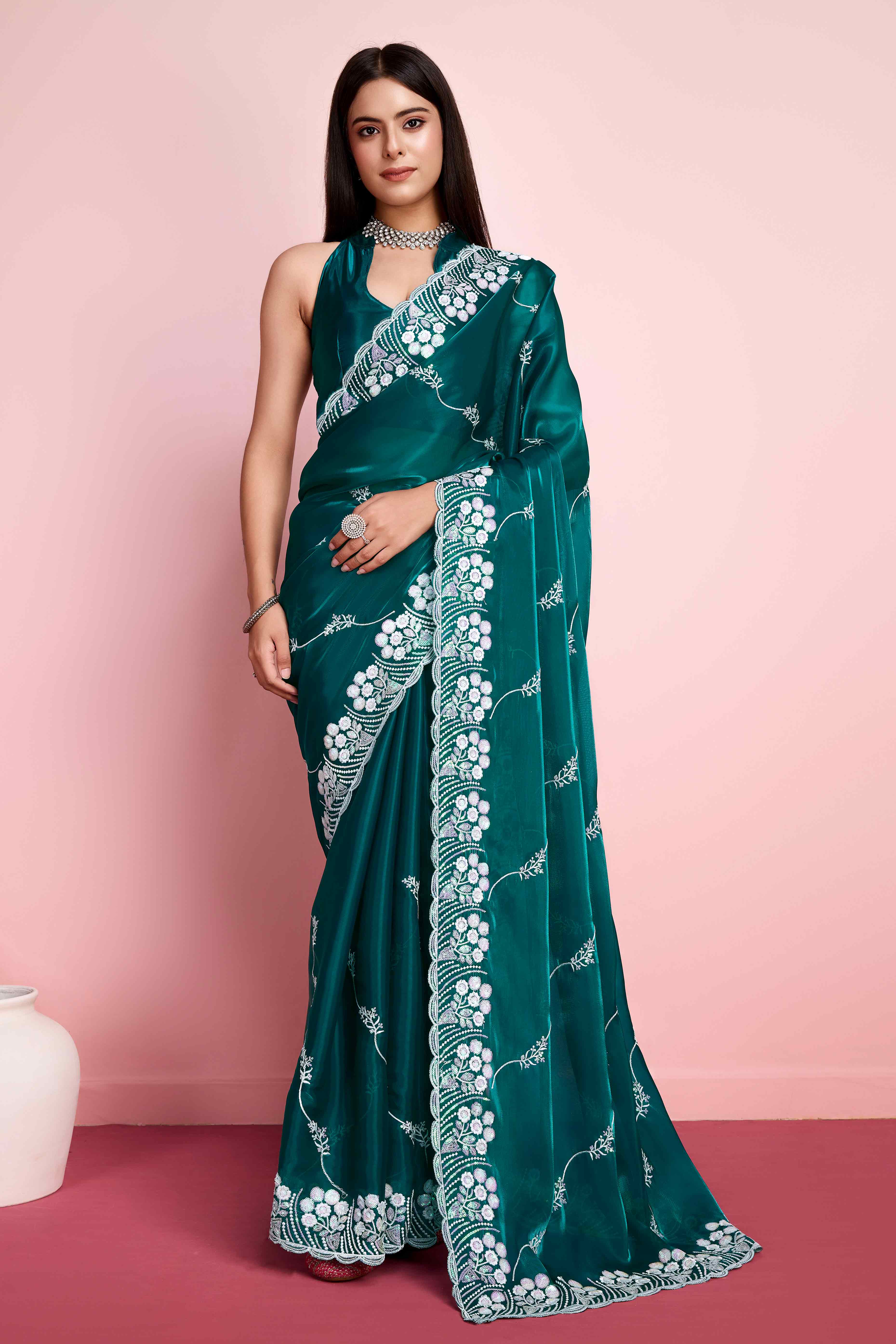 Teal Green Floral Sequins Embroidered Jimmy Choo Tissue Saree
