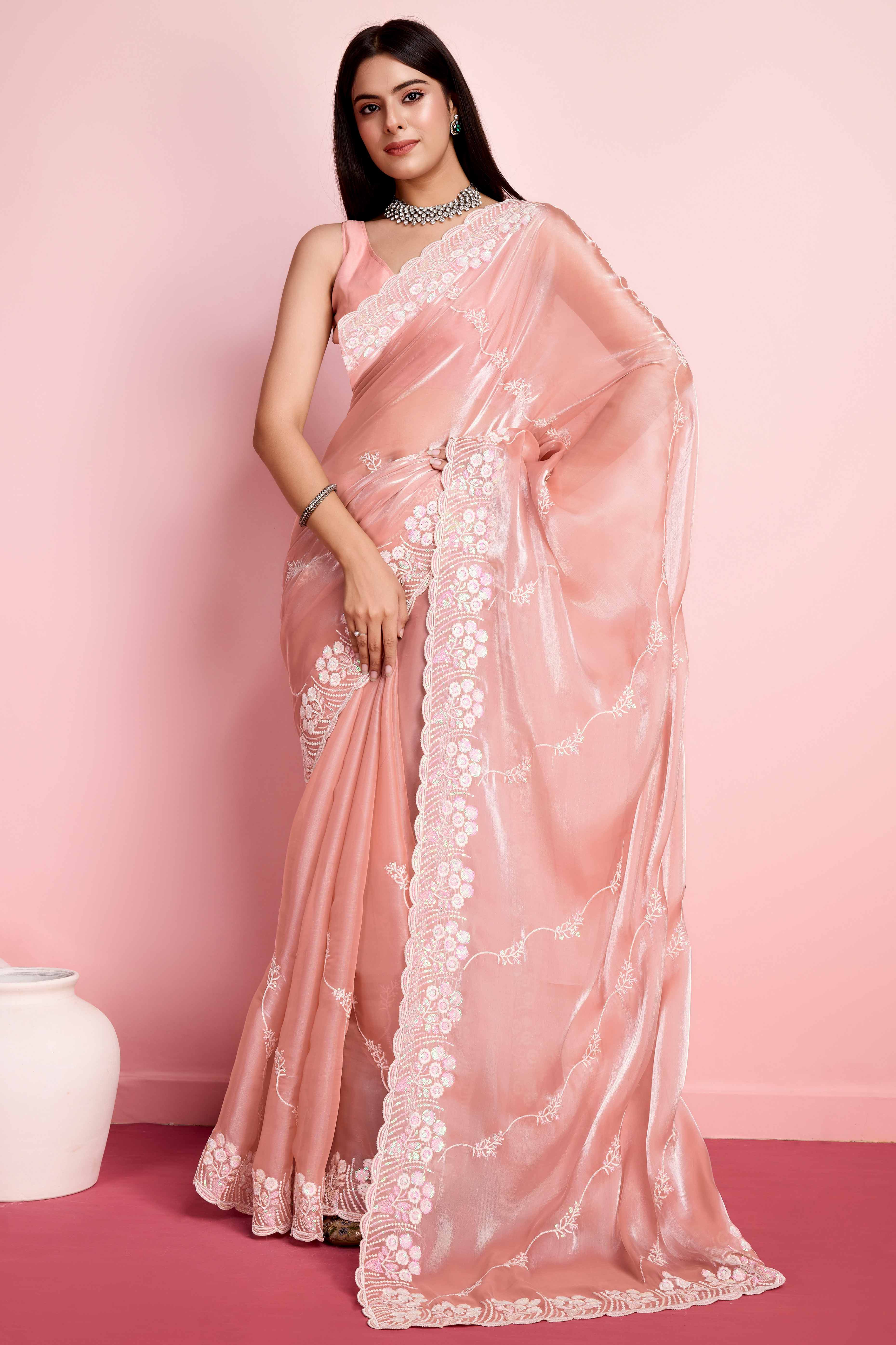 Peach Floral Sequins Embroidered Jimmy Choo Tissue Saree