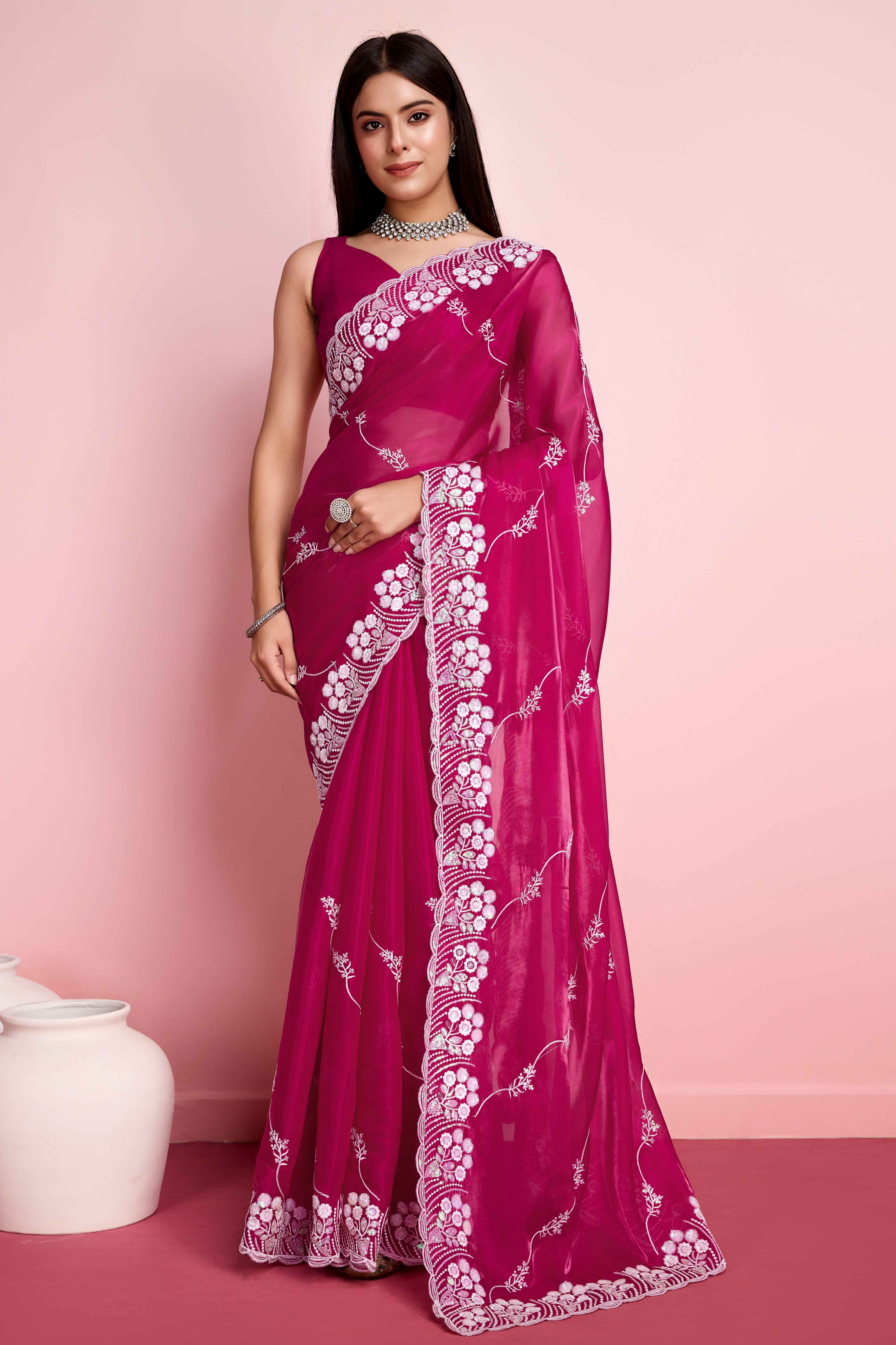 Rani Pink Floral Sequins Embroidered Jimmy Choo Tissue Saree