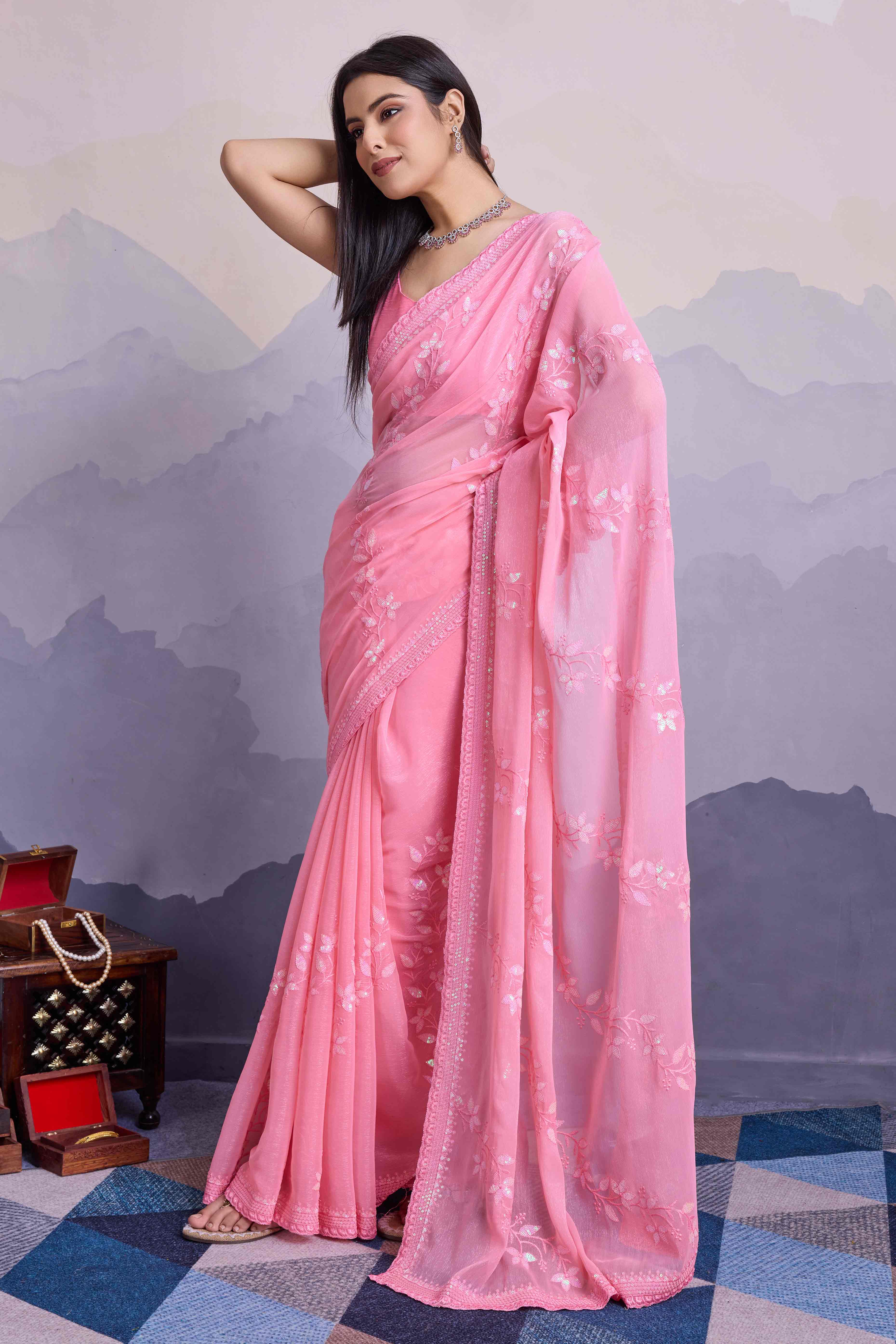 Pink Floral Sequins Embroidered Chiffon Saree