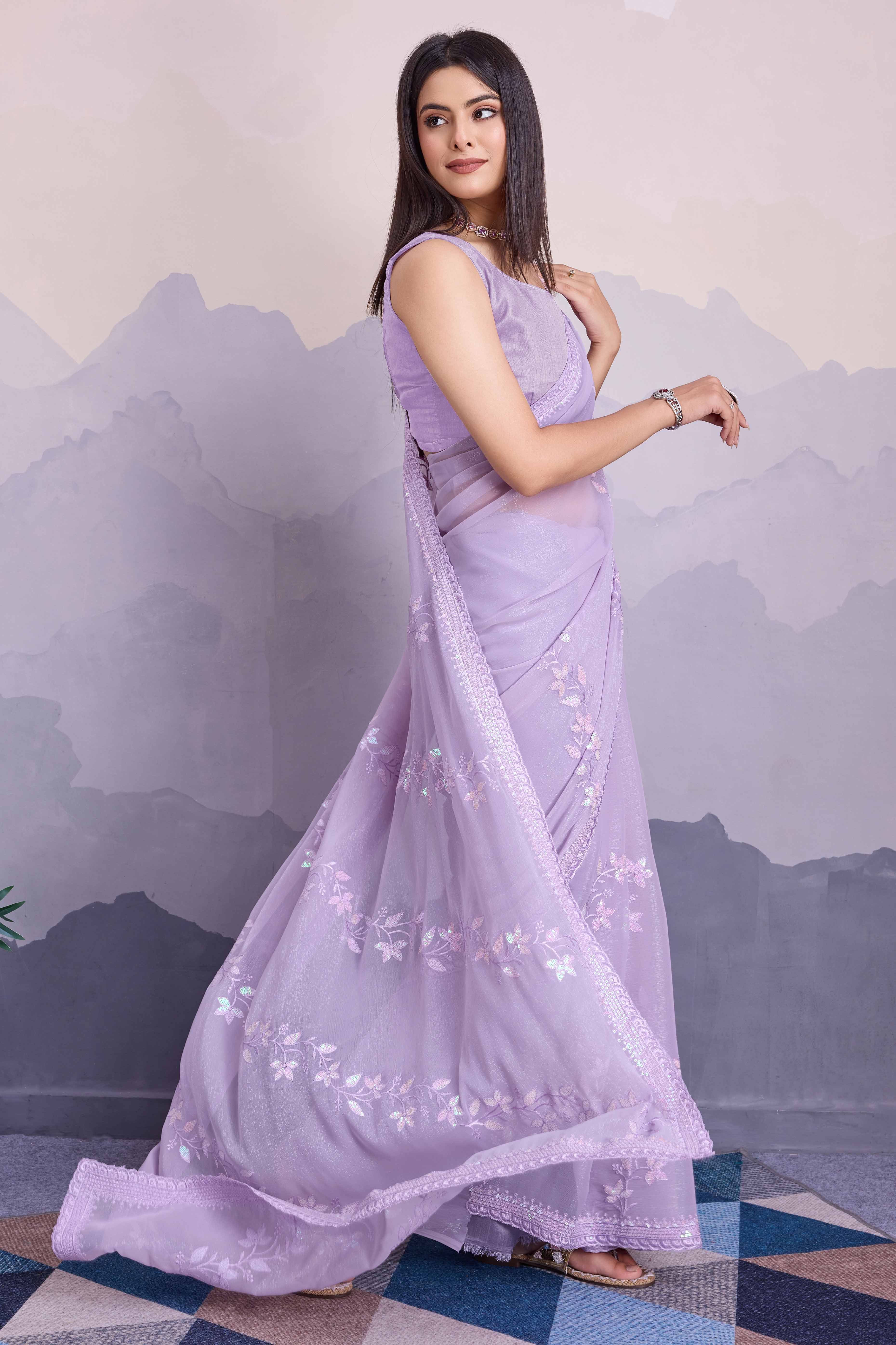 Light Purple Floral Sequins Embroidered Chiffon Saree