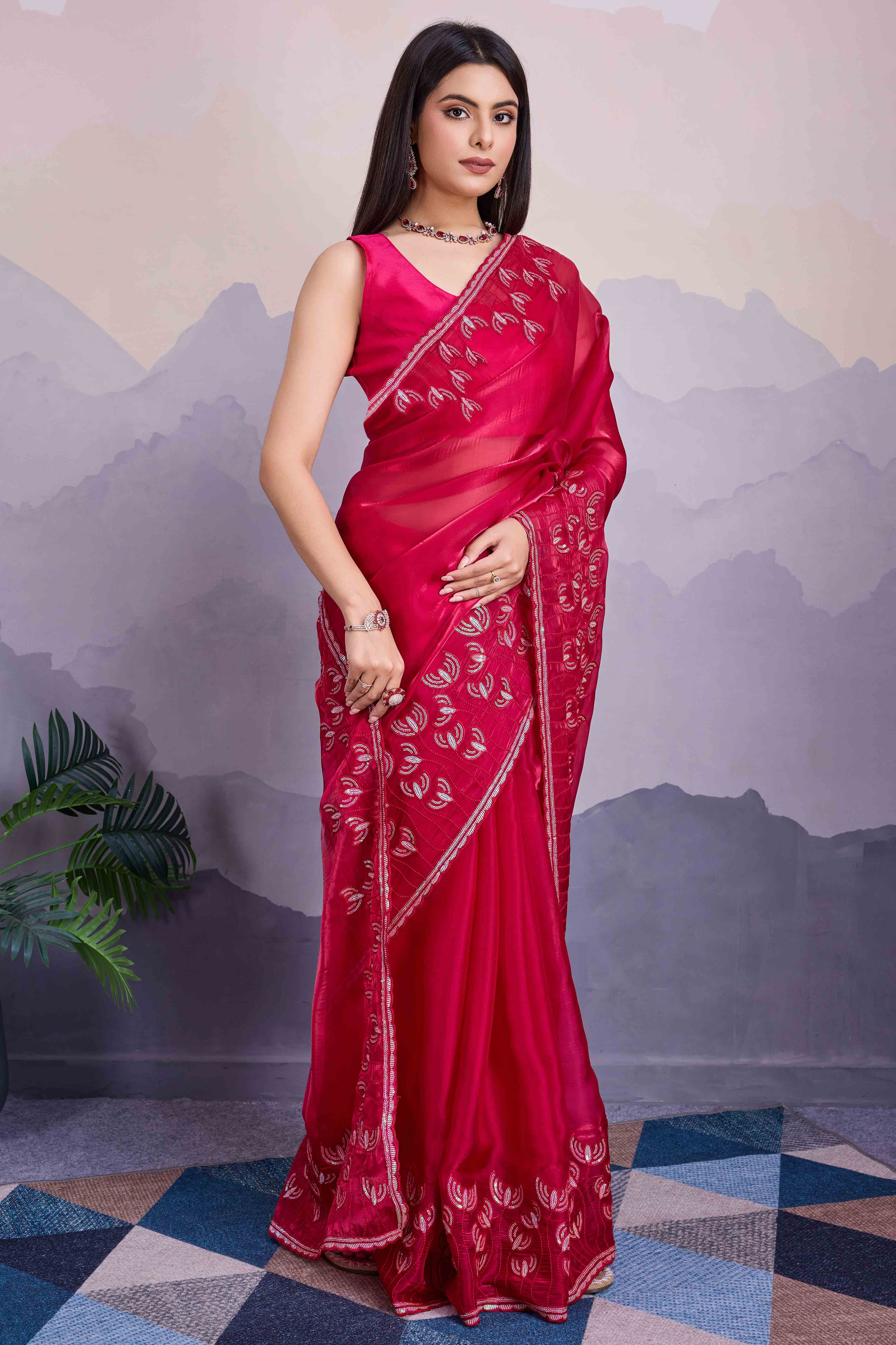 Pink Floral Sequins Embroidered Jimmi Choo Zoya Silk Saree