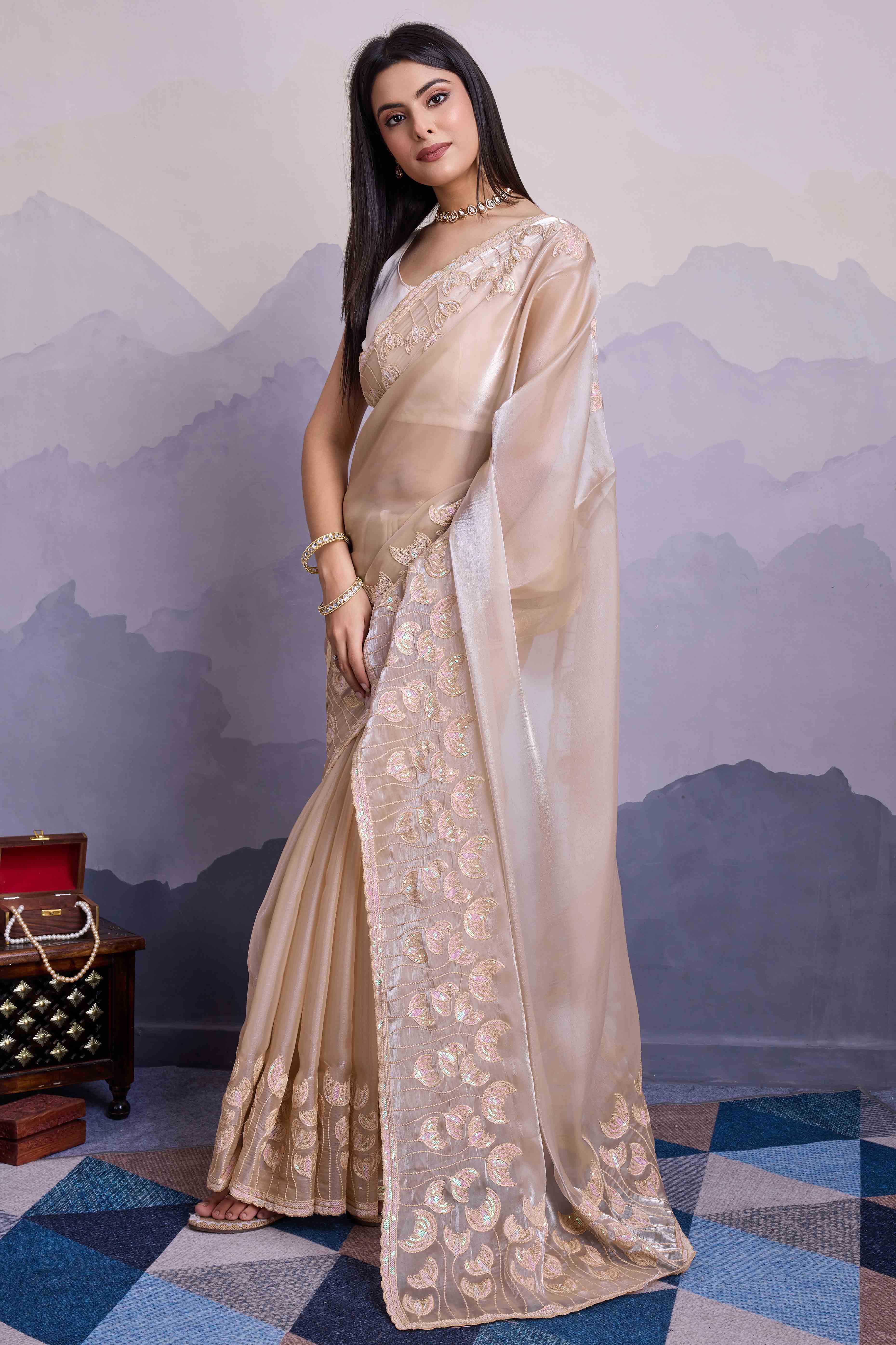 Cream Floral Sequins Embroidered Jimmi Choo Zoya Silk Saree