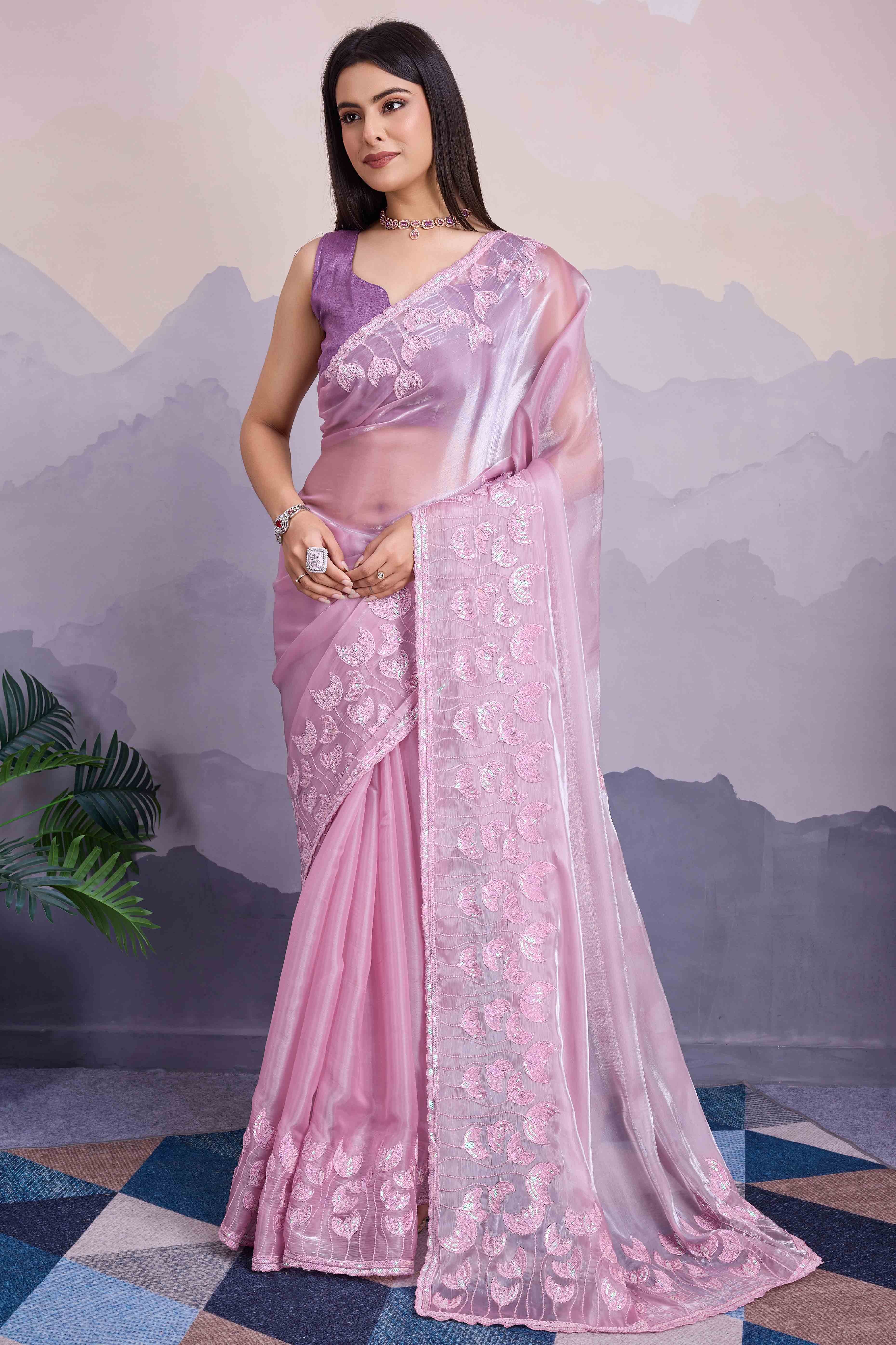 Light Purple Floral Sequins Embroidered Jimmi Choo Zoya Silk Saree