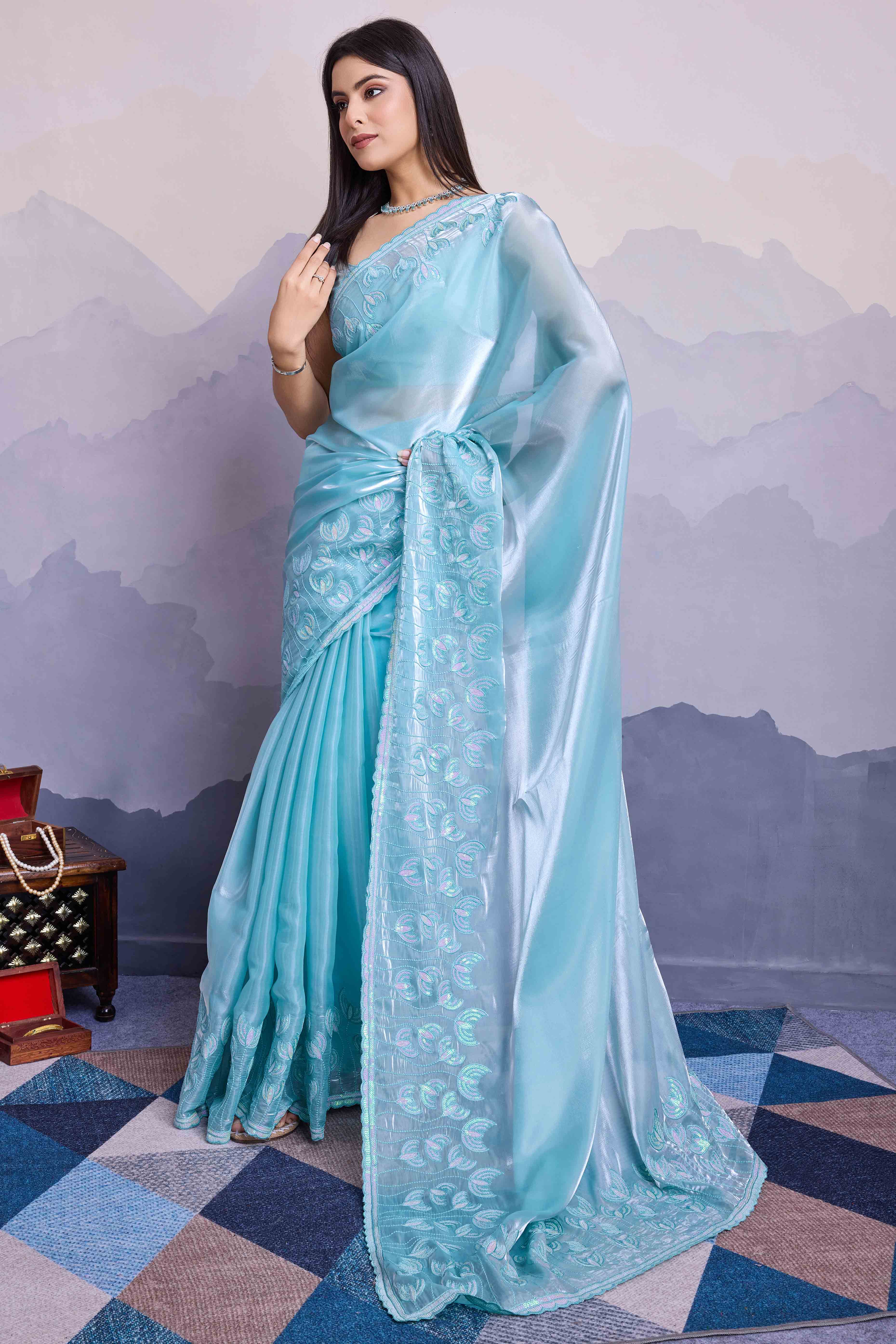 Blue Floral Sequins Embroidered Jimmi Choo Zoya Silk Saree