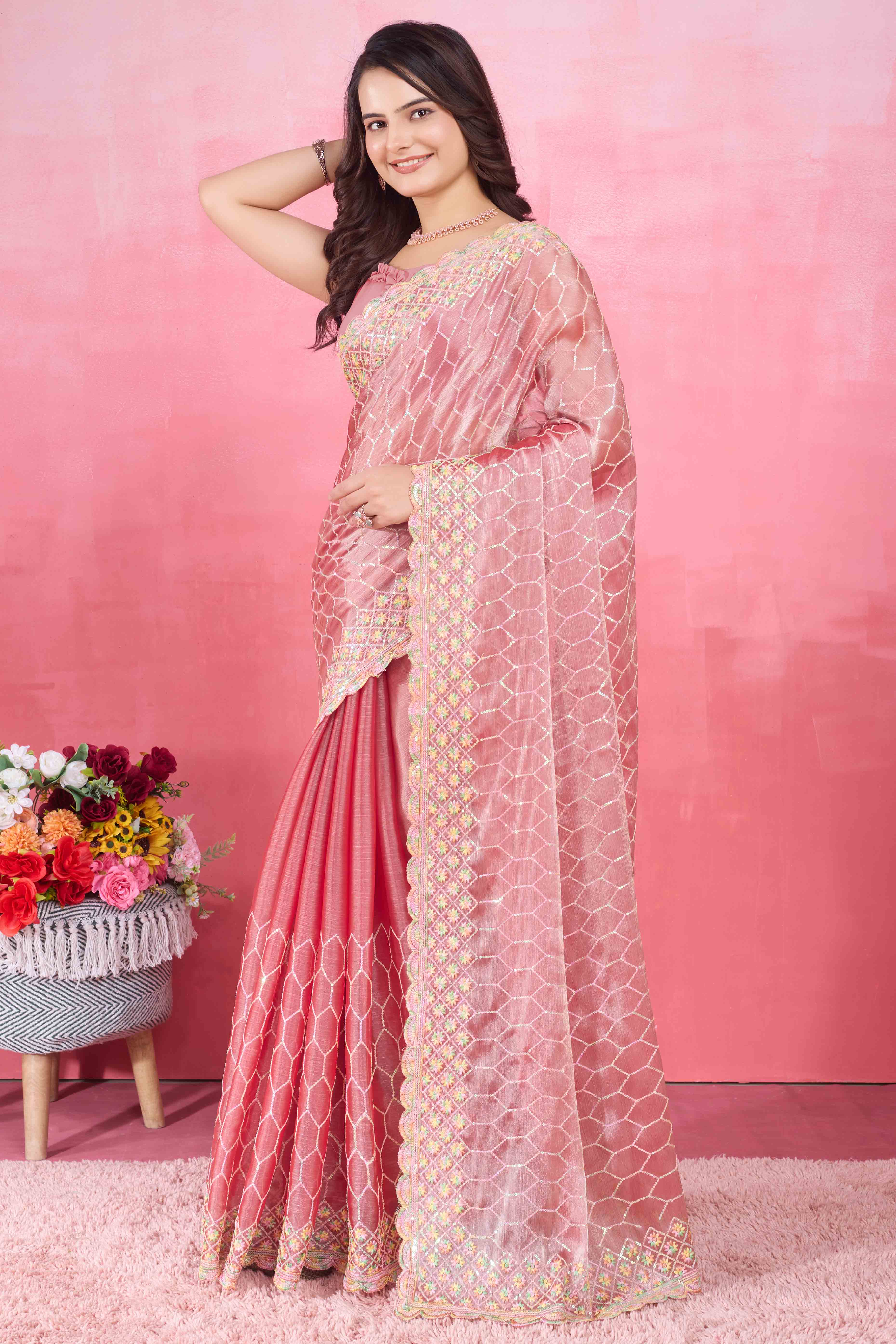 Gajari Pink Floral Sequins Embroidered Mulberry Silk Saree