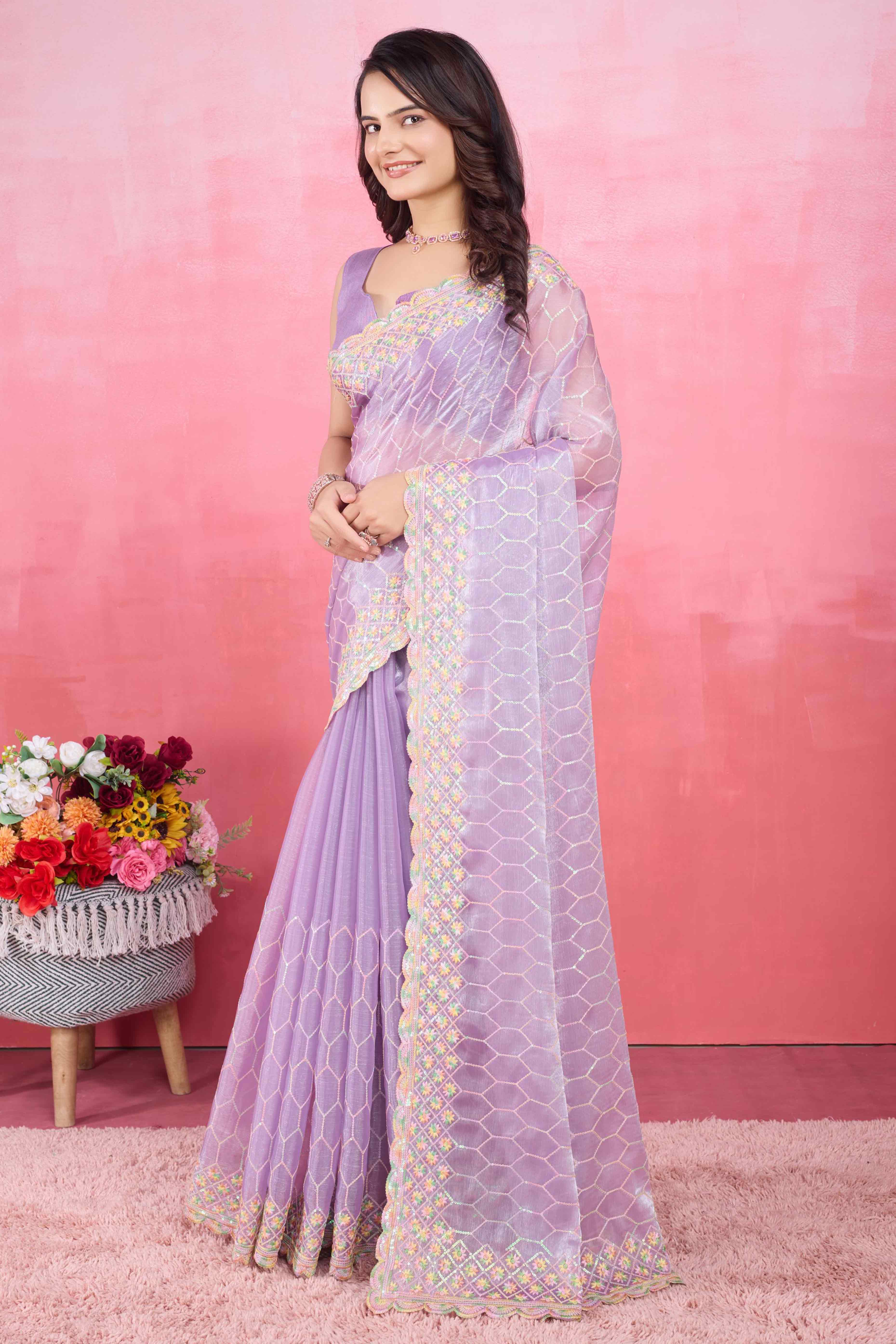 Lavender Floral Sequins Embroidered Mulberry Silk Saree