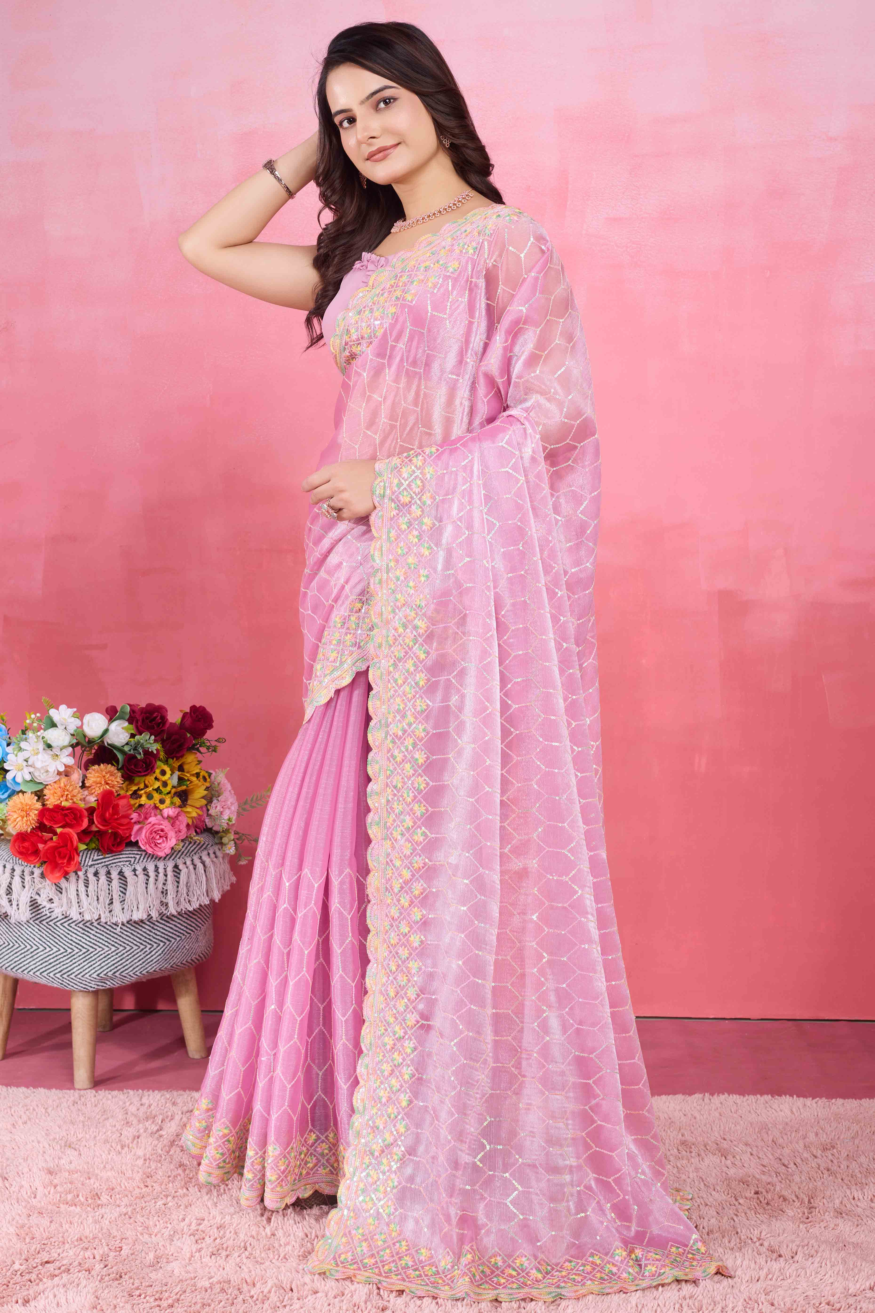 Pink Floral Sequins Embroidered Mulberry Silk Saree