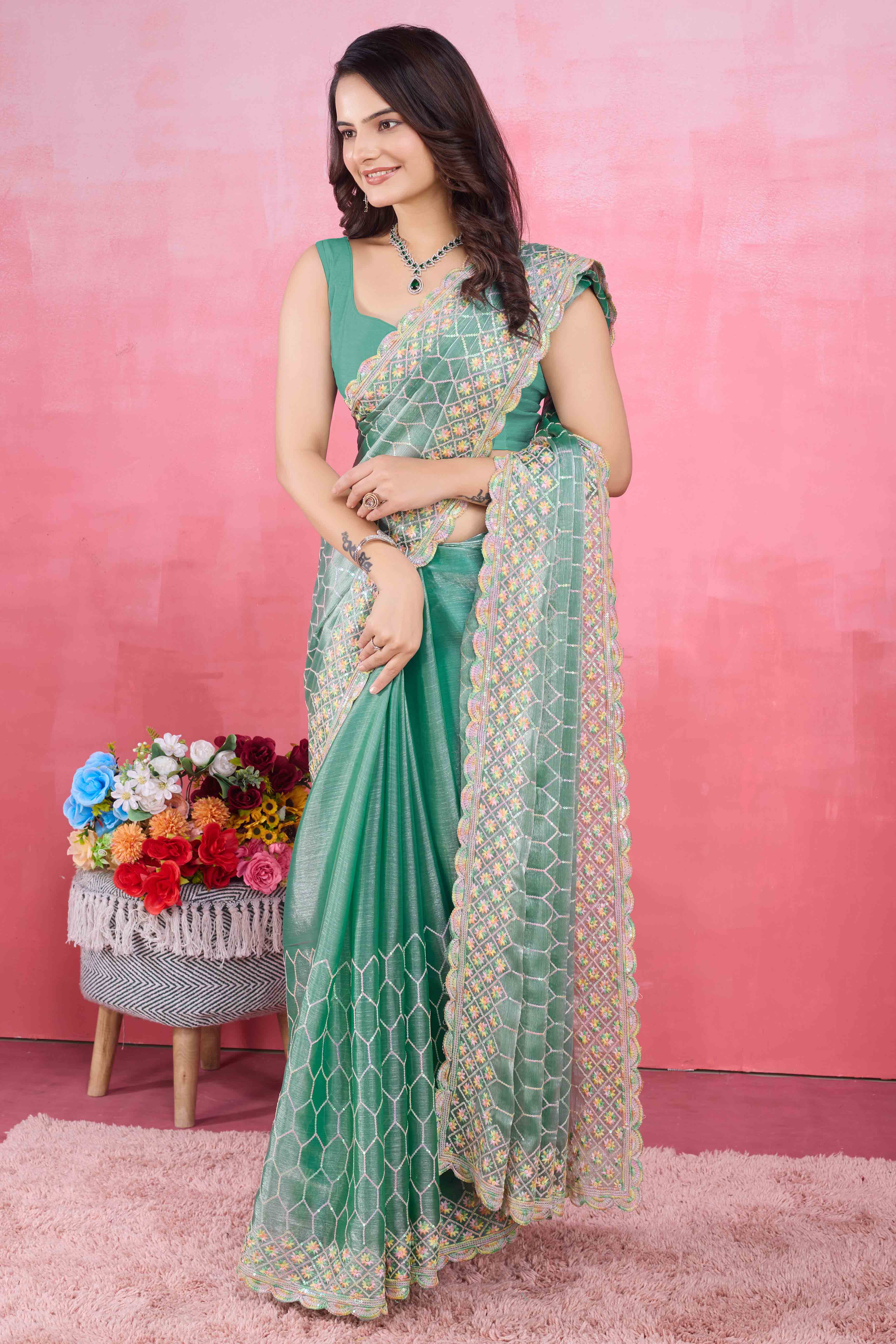 Rama Green Floral Sequins Embroidered Mulberry Silk Saree