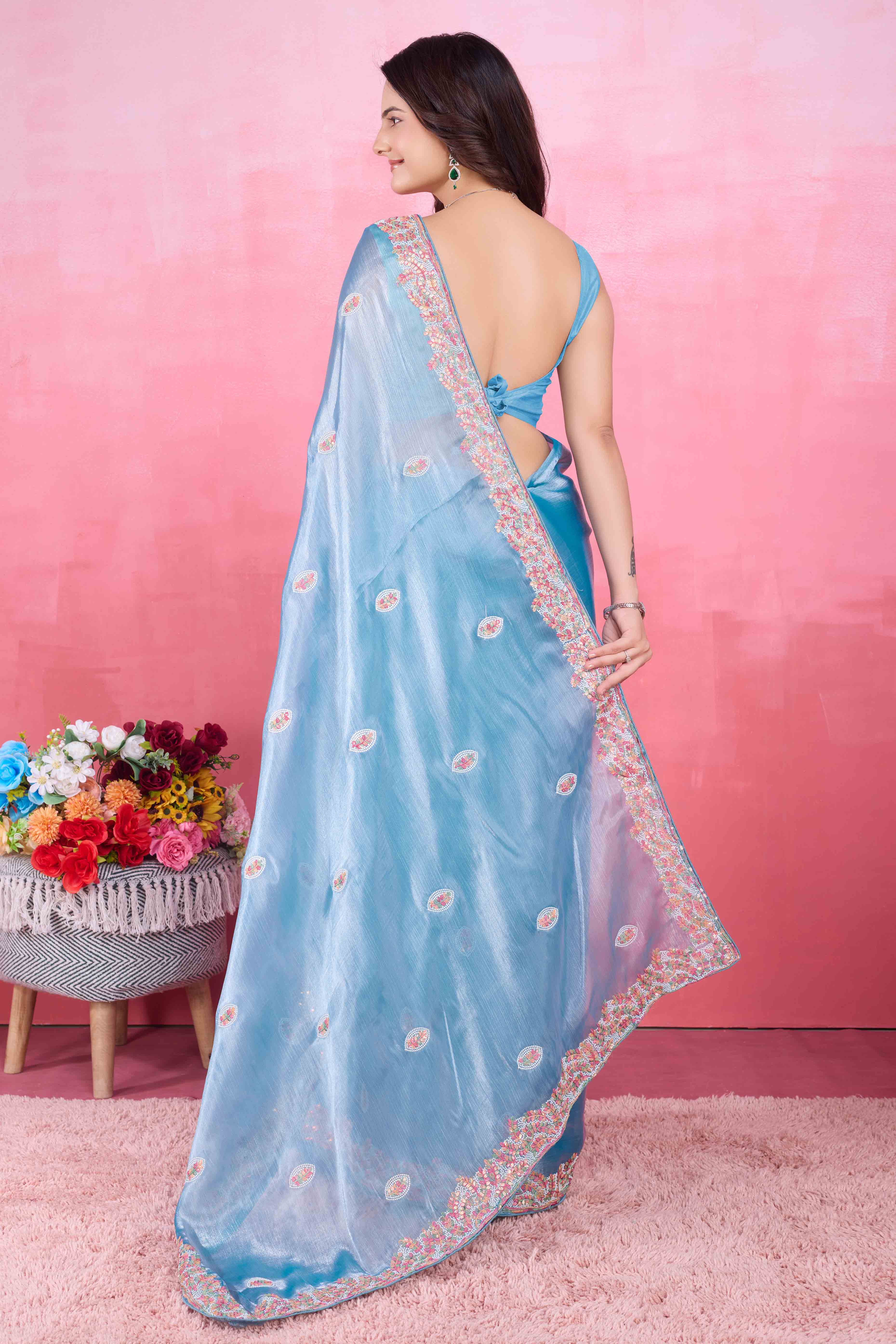 Blue Floral Sequins Embroidered Mulberry Silk Saree