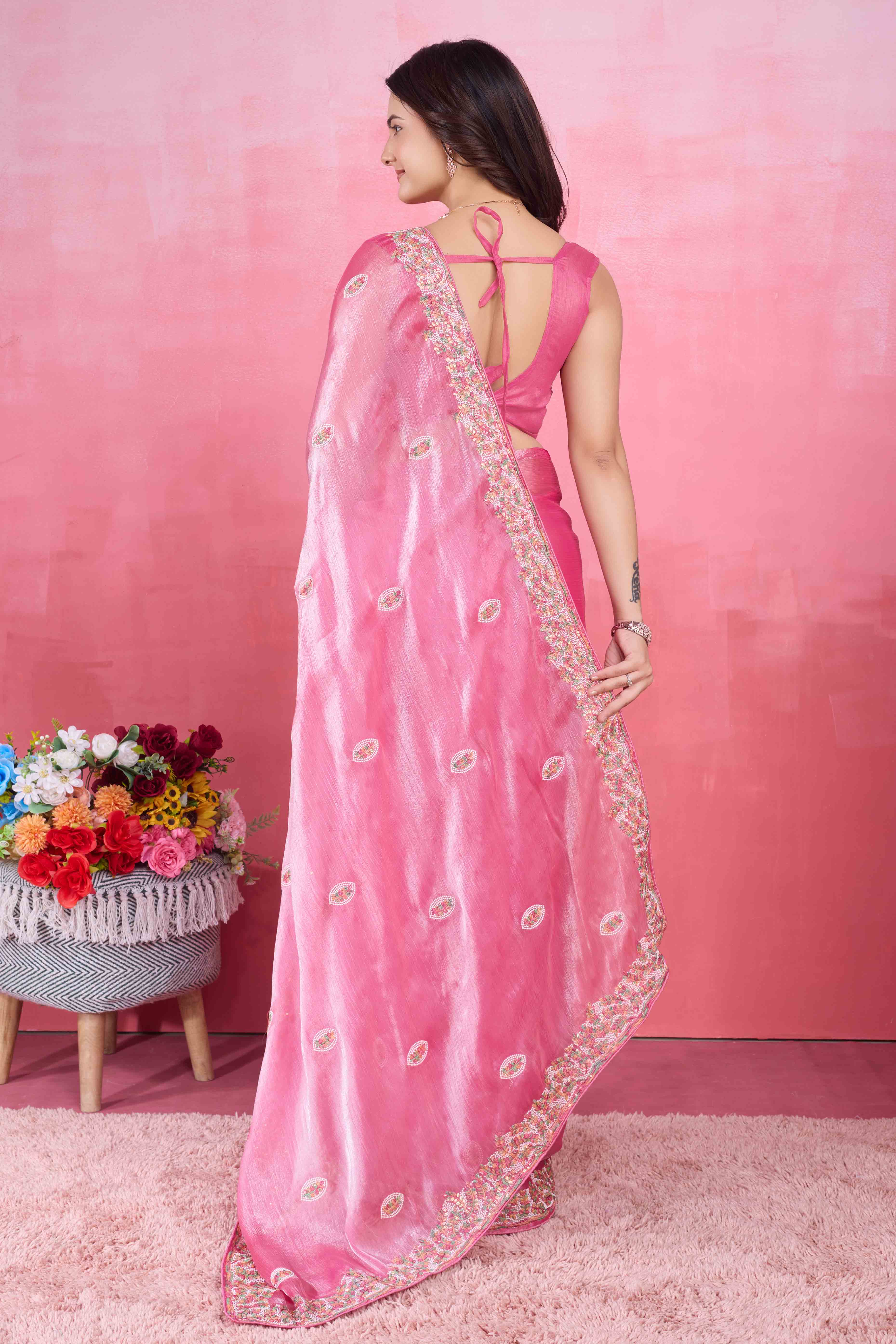 Pink Floral Sequins Embroidered Mulberry Silk Saree