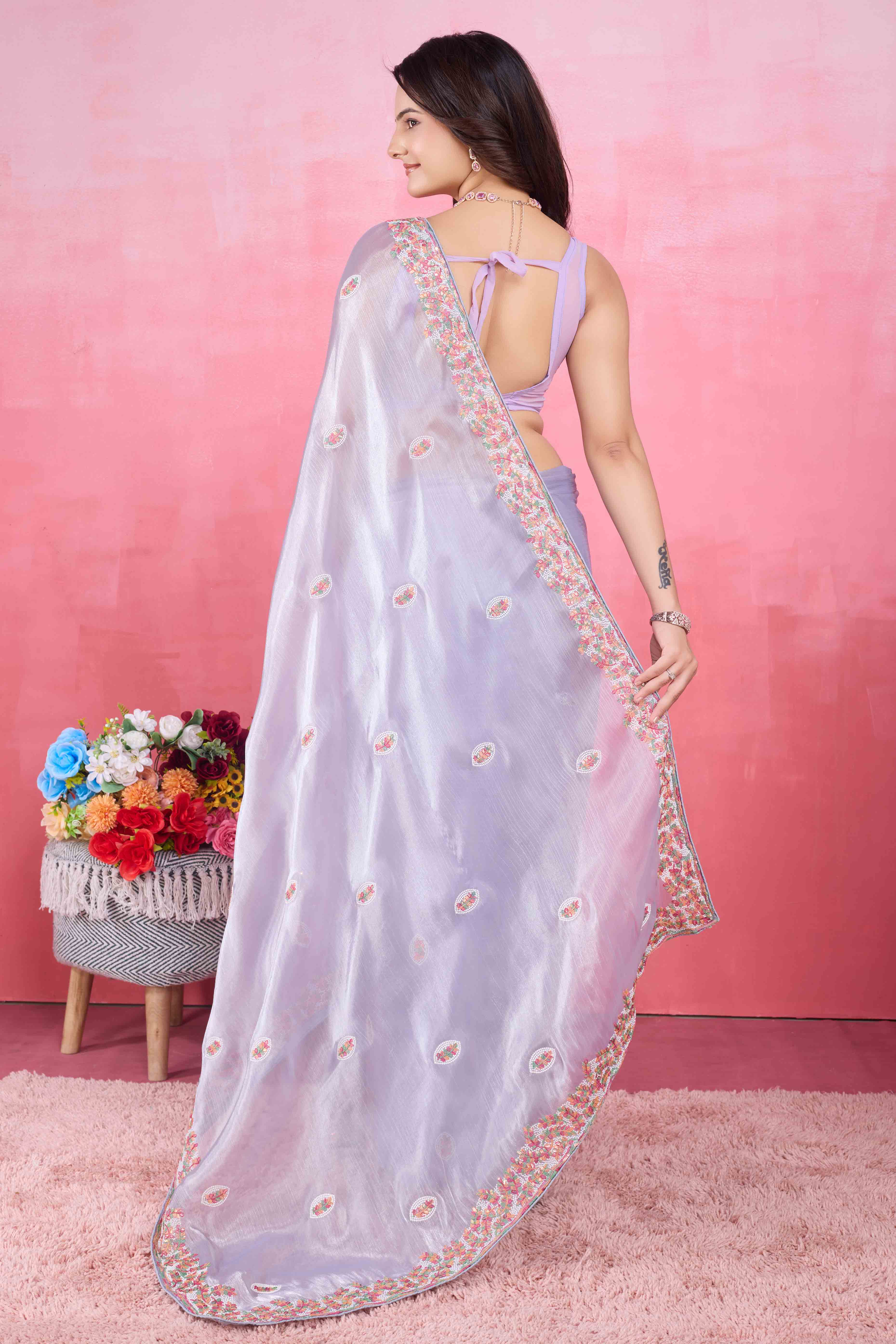 Lavender Floral Sequins Embroidered Mulberry Silk Saree