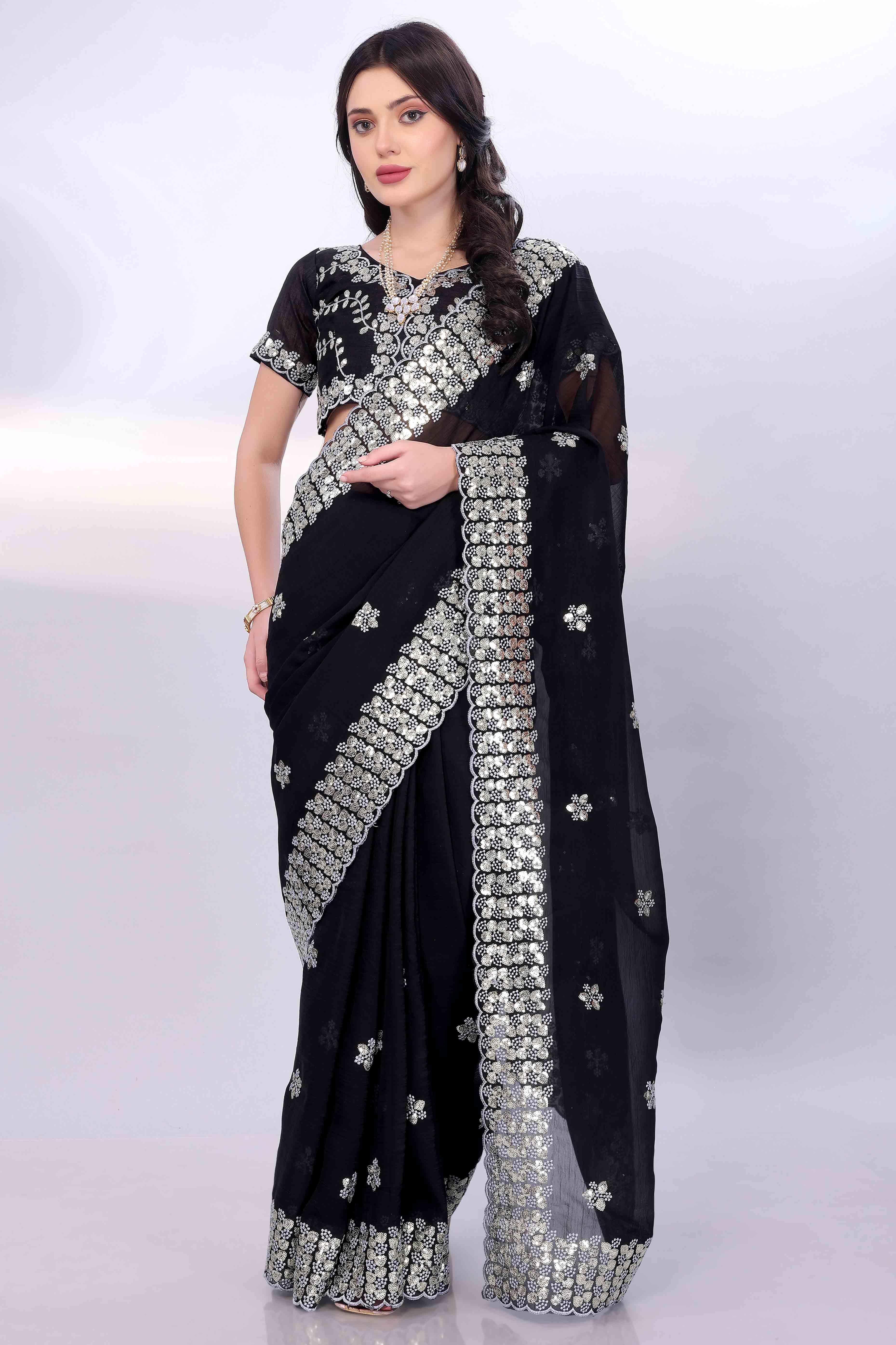 Black Crunchy Organza Silk Saree Adorned With Intricate Floral Sequins Embroidery