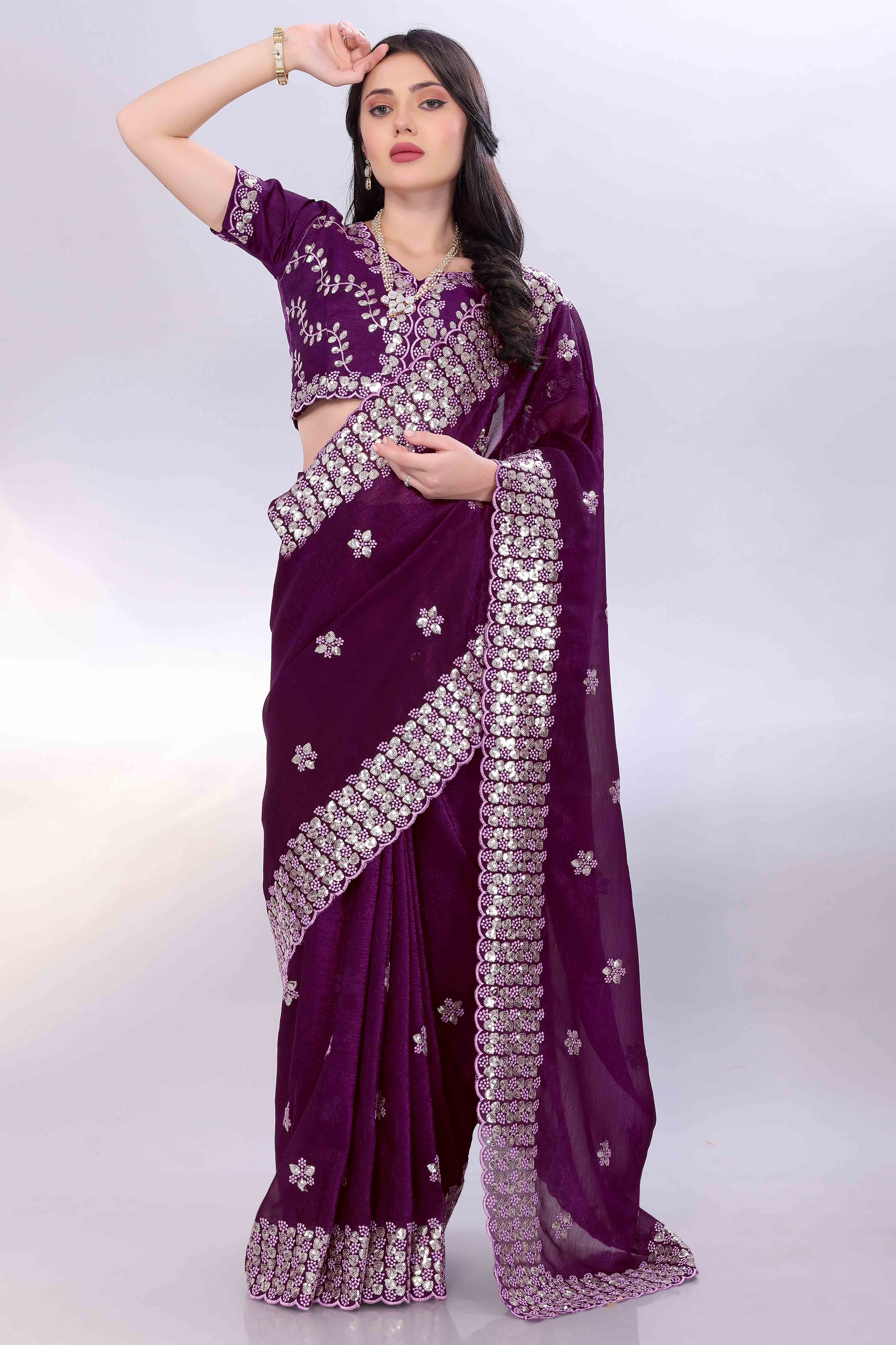 Wine Crunchy Organza Silk Saree Adorned With Intricate Floral Sequins Embroidery