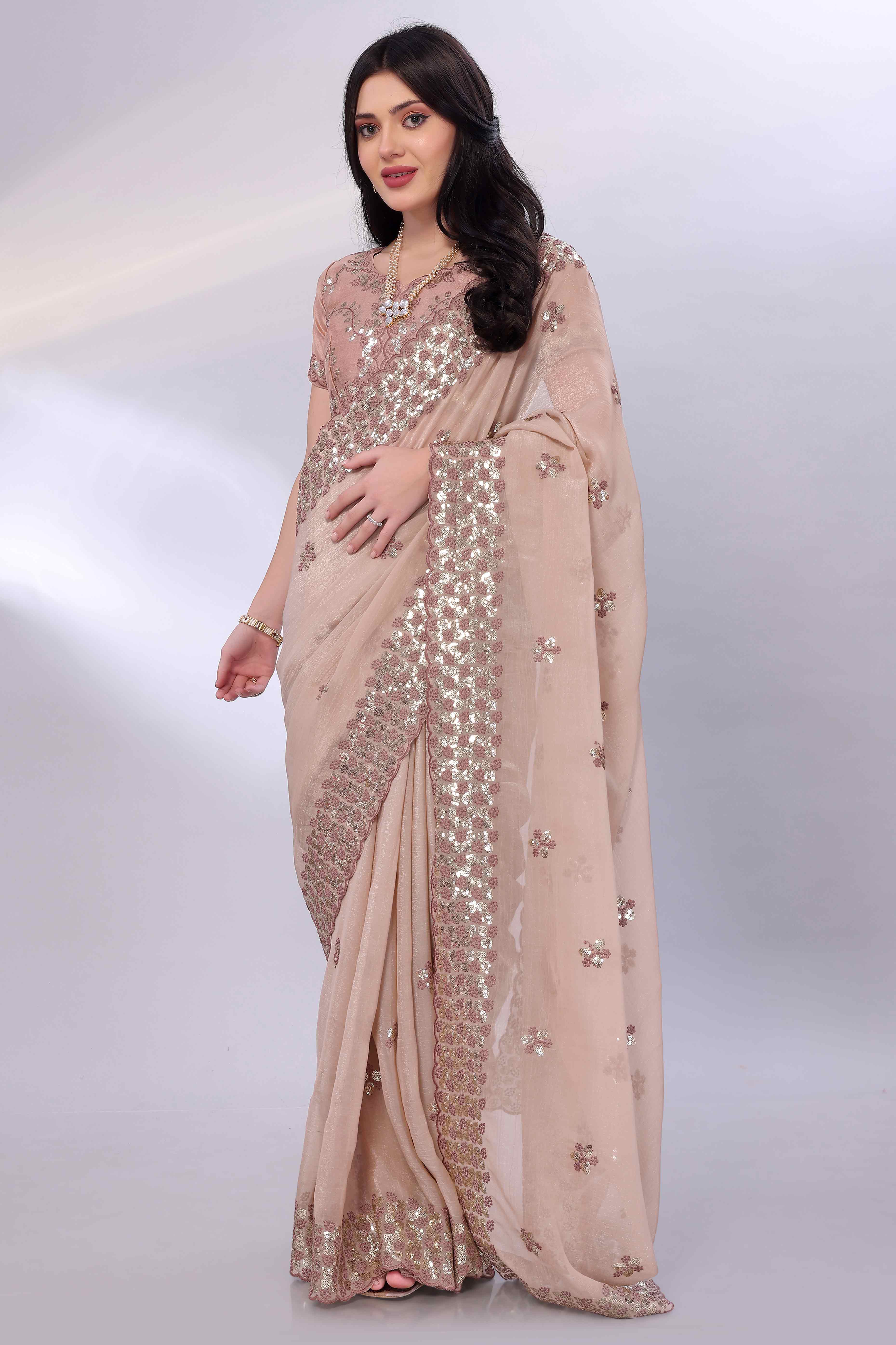 Beige Crunchy Organza Silk Saree Adorned With Intricate Floral Sequins Embroidery
