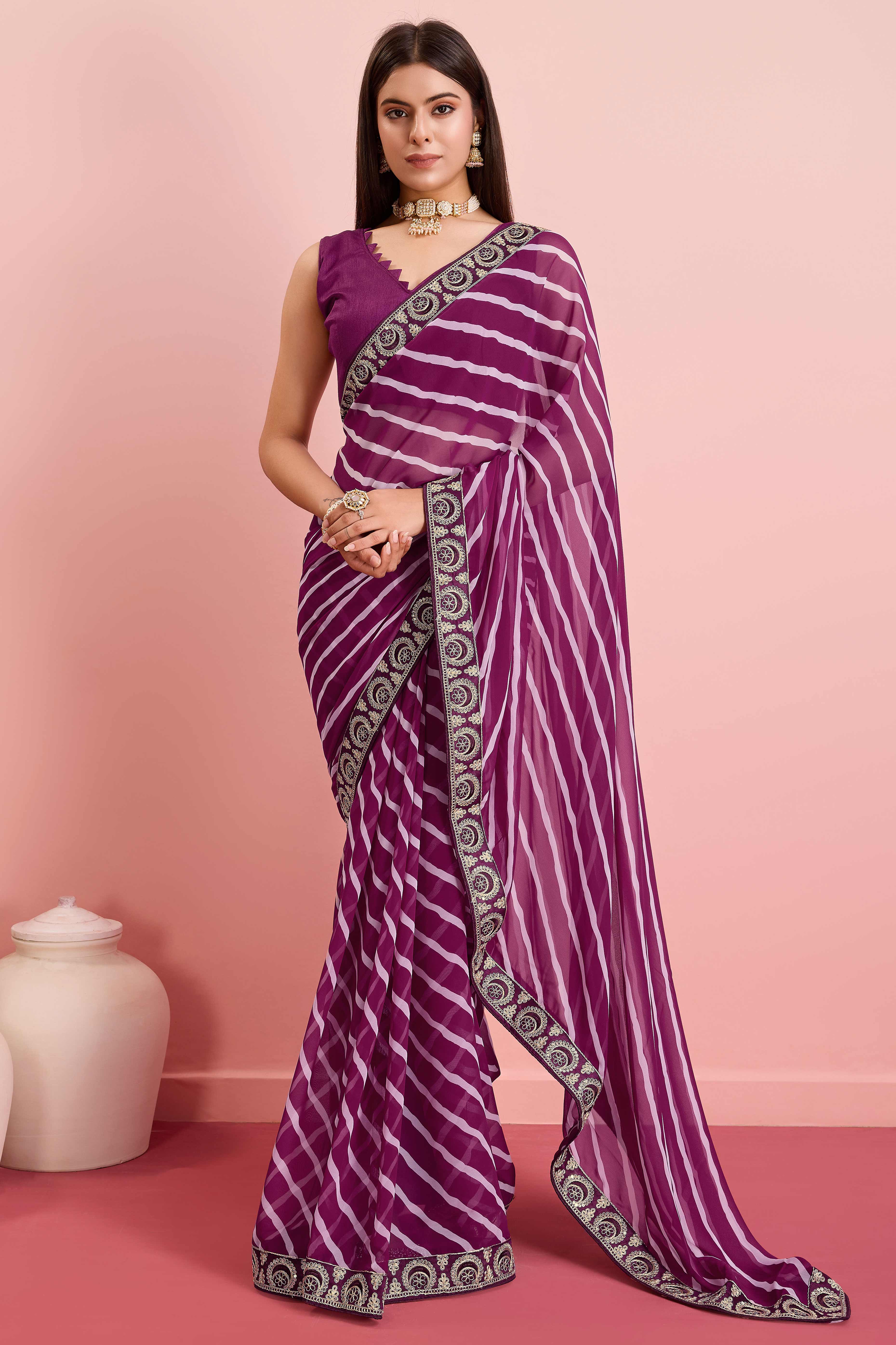 Elegant Purple Leheriya Printed Saree in Flowing Georgette