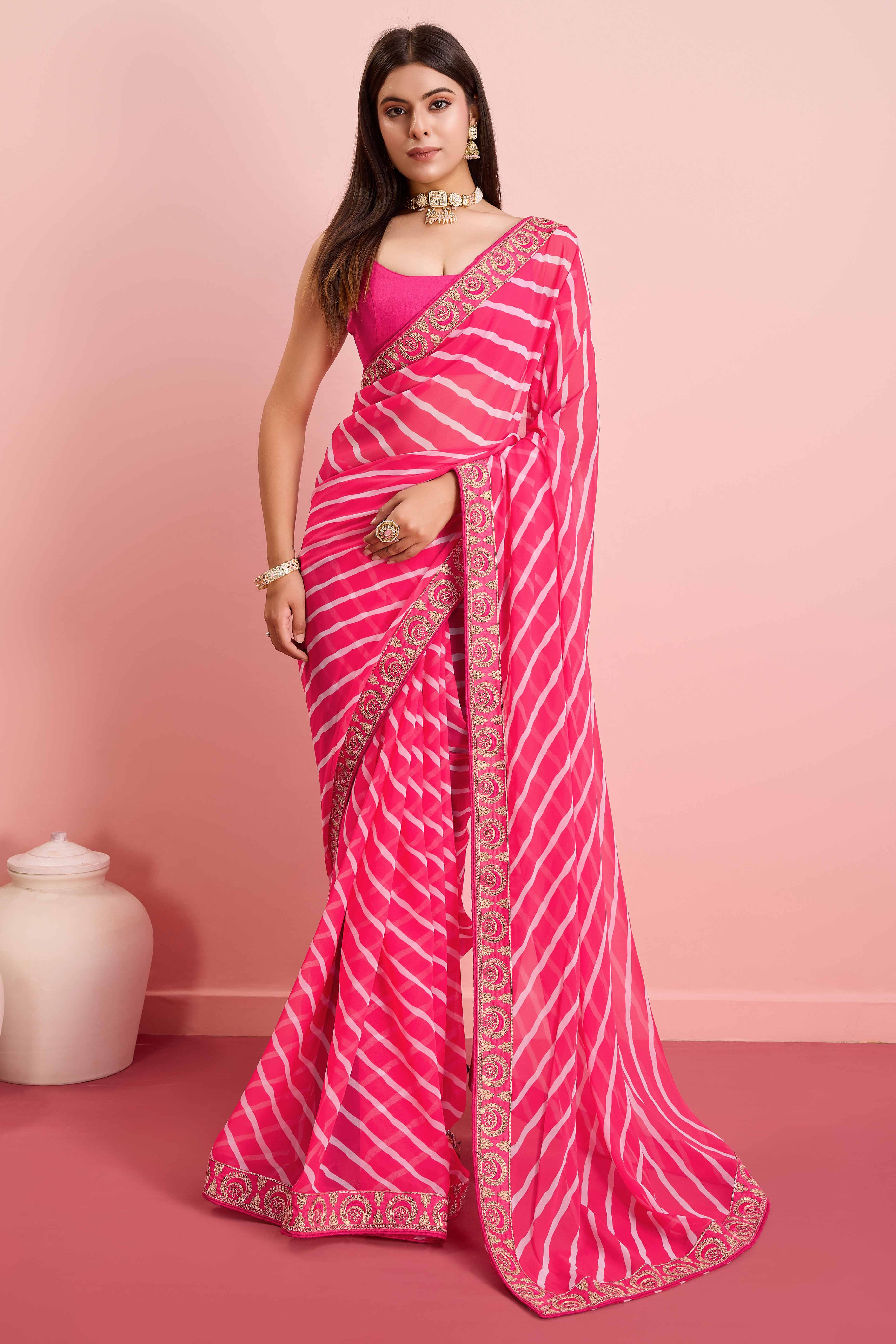 Elegant Pink Leheriya Printed Saree in Flowing Georgette