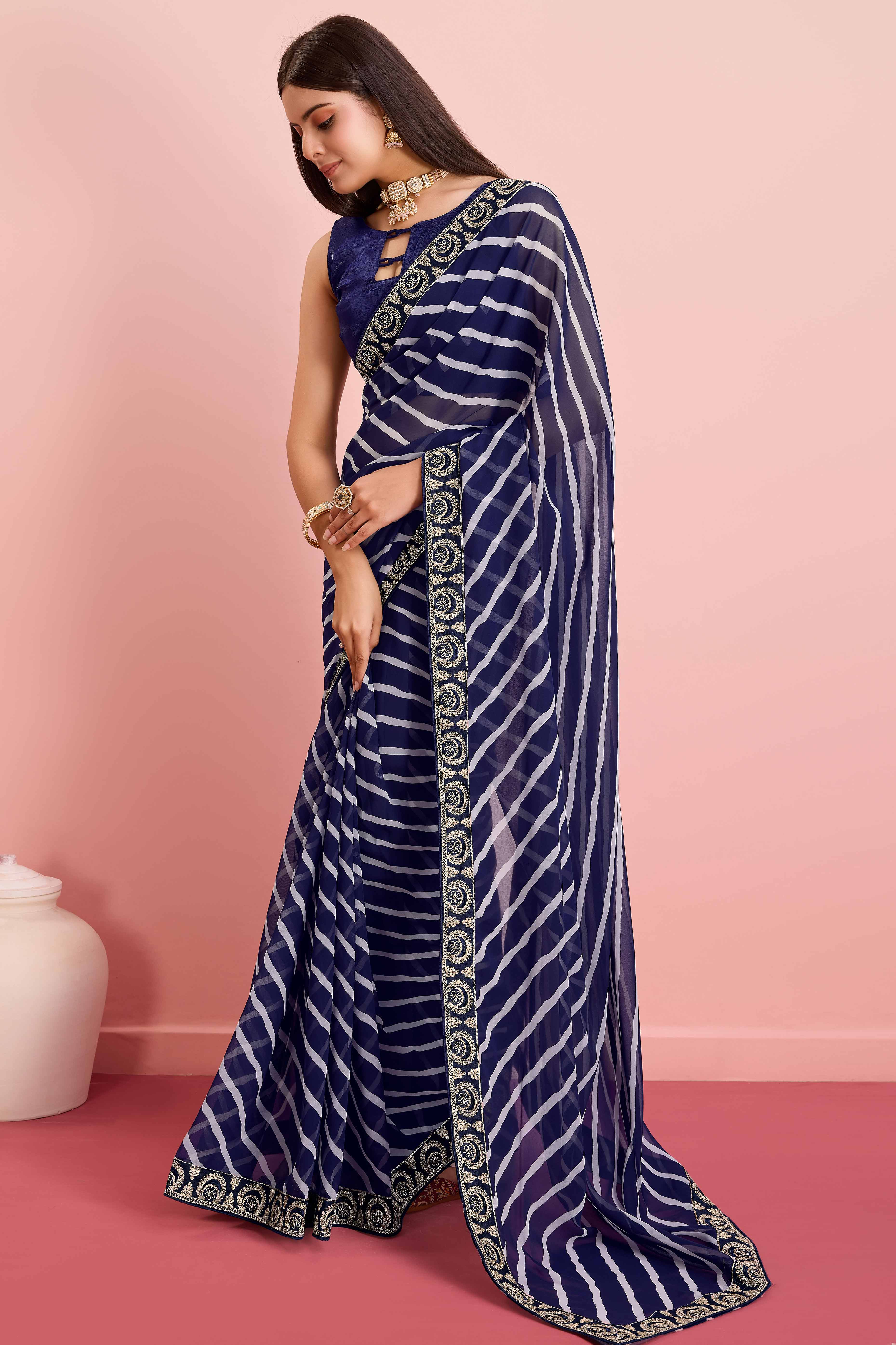 Elegant Blue Leheriya Printed Saree in Flowing Georgette