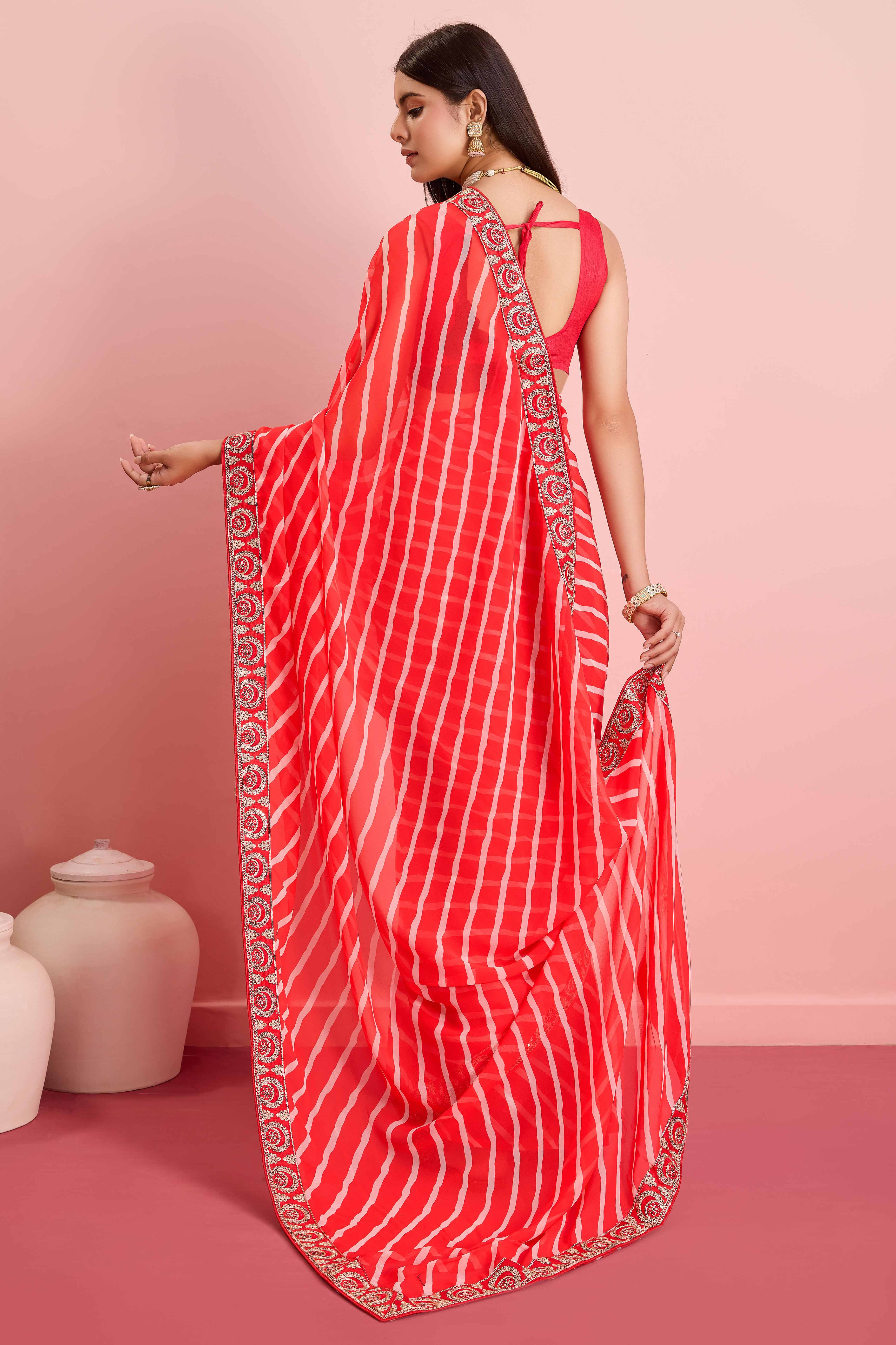 Elegant Red Leheriya Printed Saree in Flowing Georgette