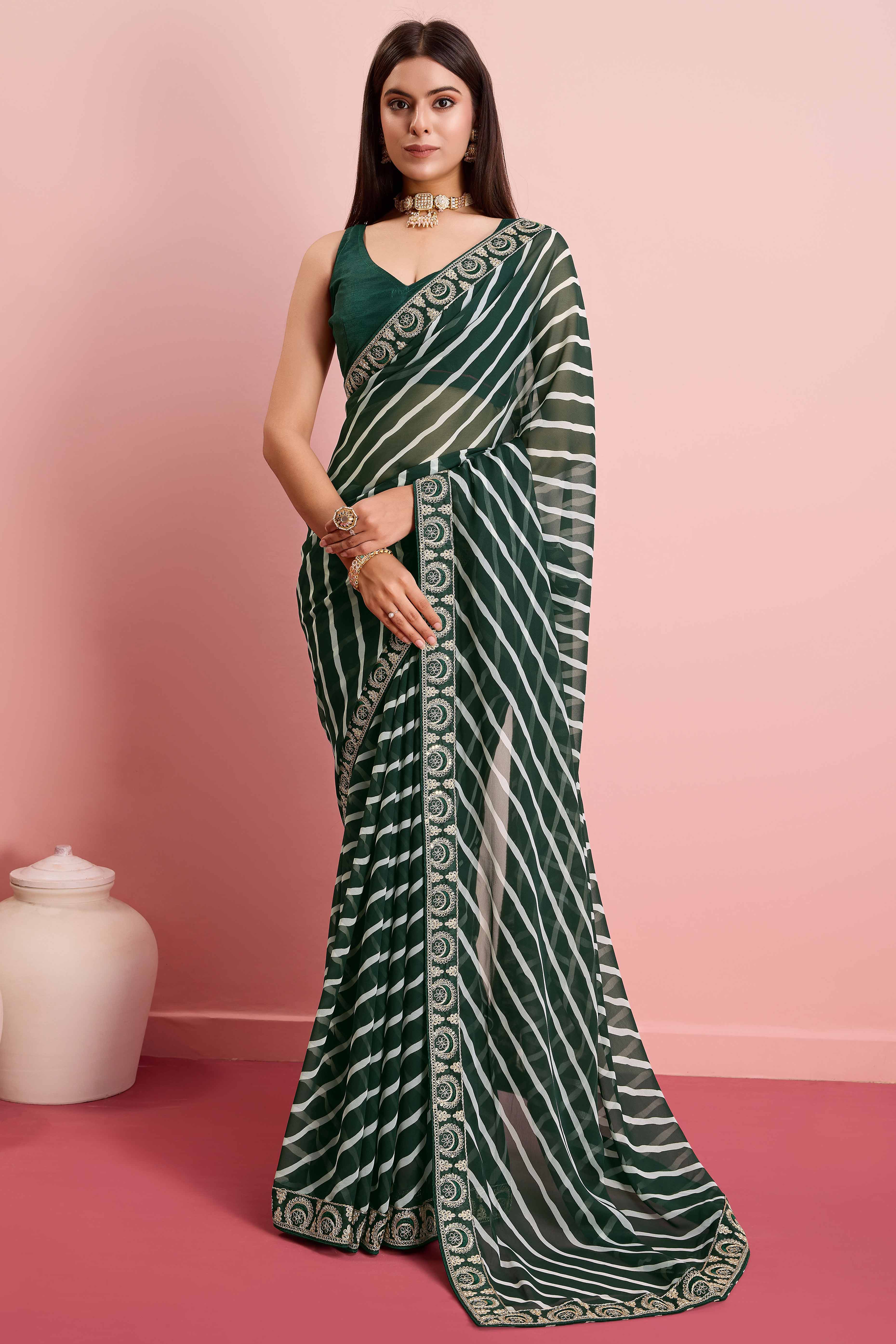 Elegant Green Leheriya Printed Saree in Flowing Georgette