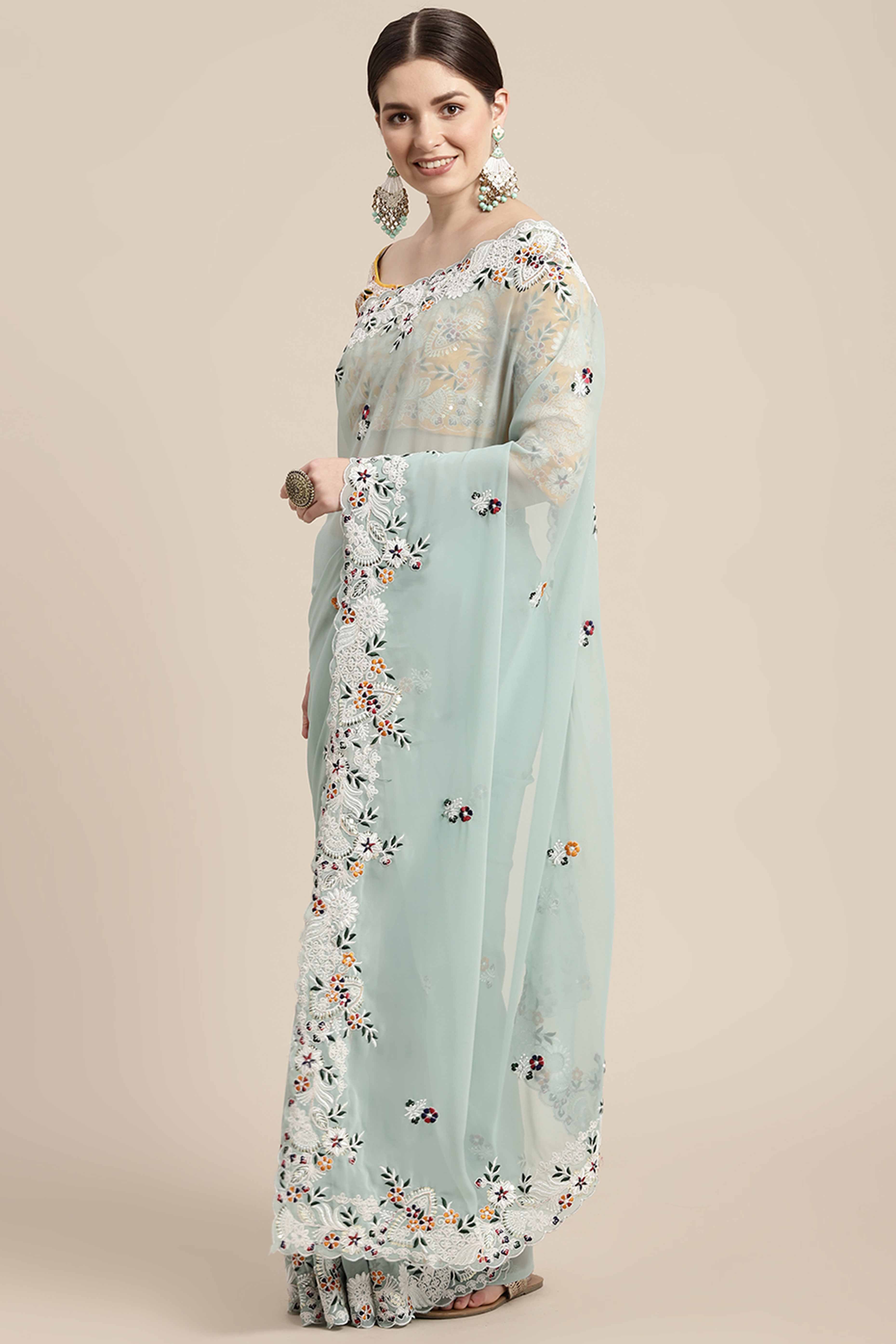 Partywear Mint Green Georgette Saree with Floral Embroidery