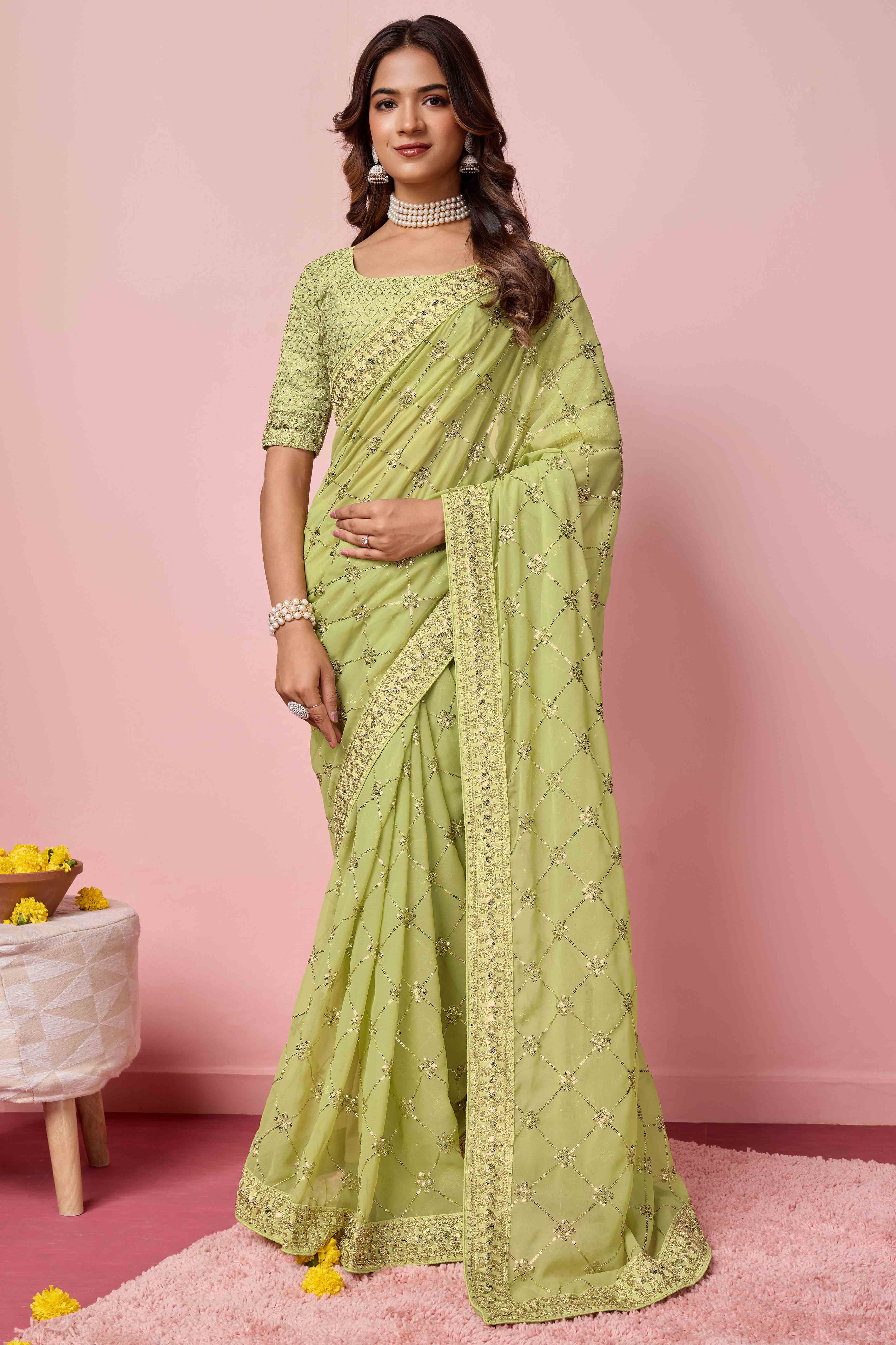 Green Sequins Embroidered Georgette Saree
