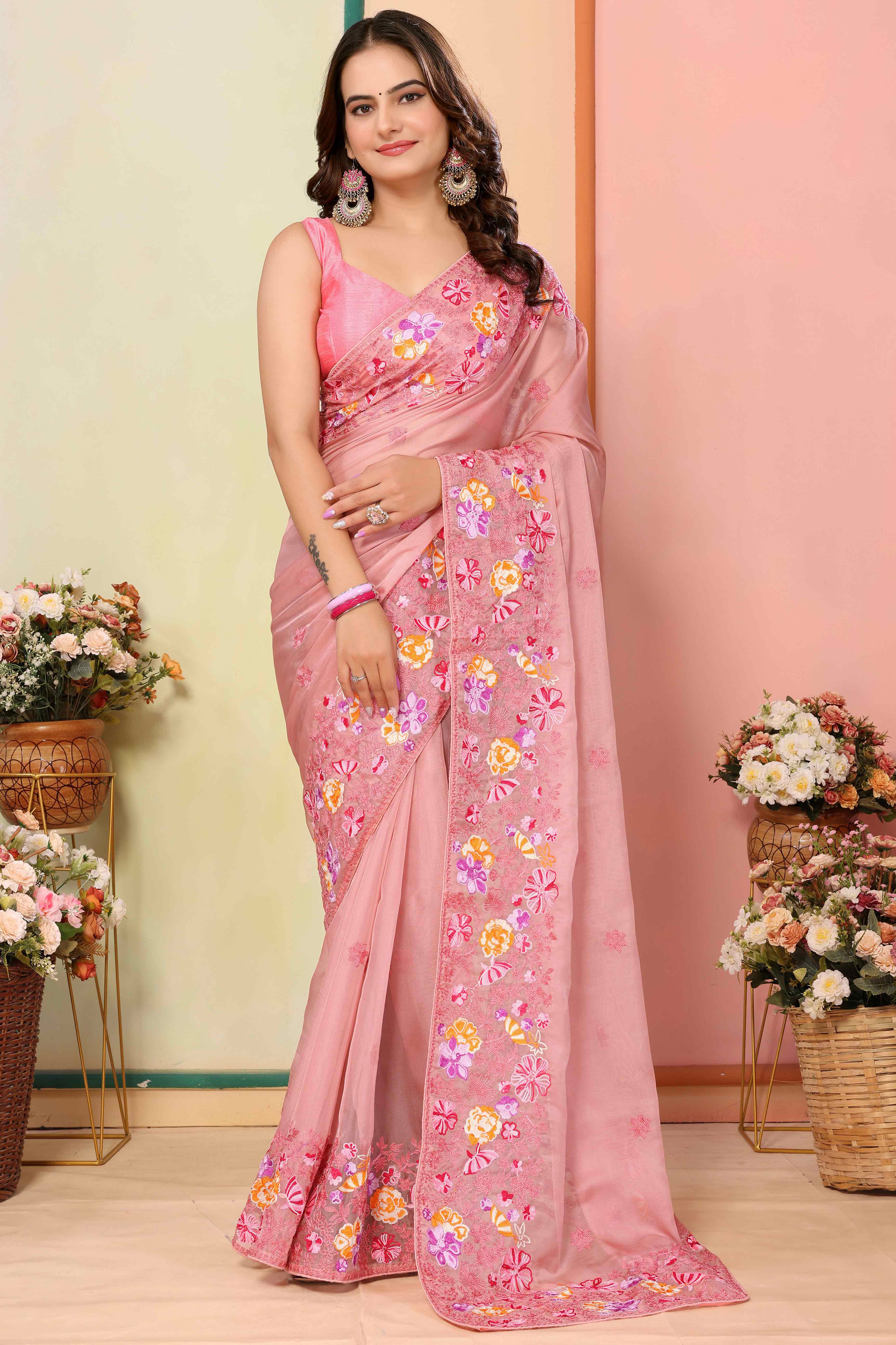 Pink Floral Embroidered Organza Saree