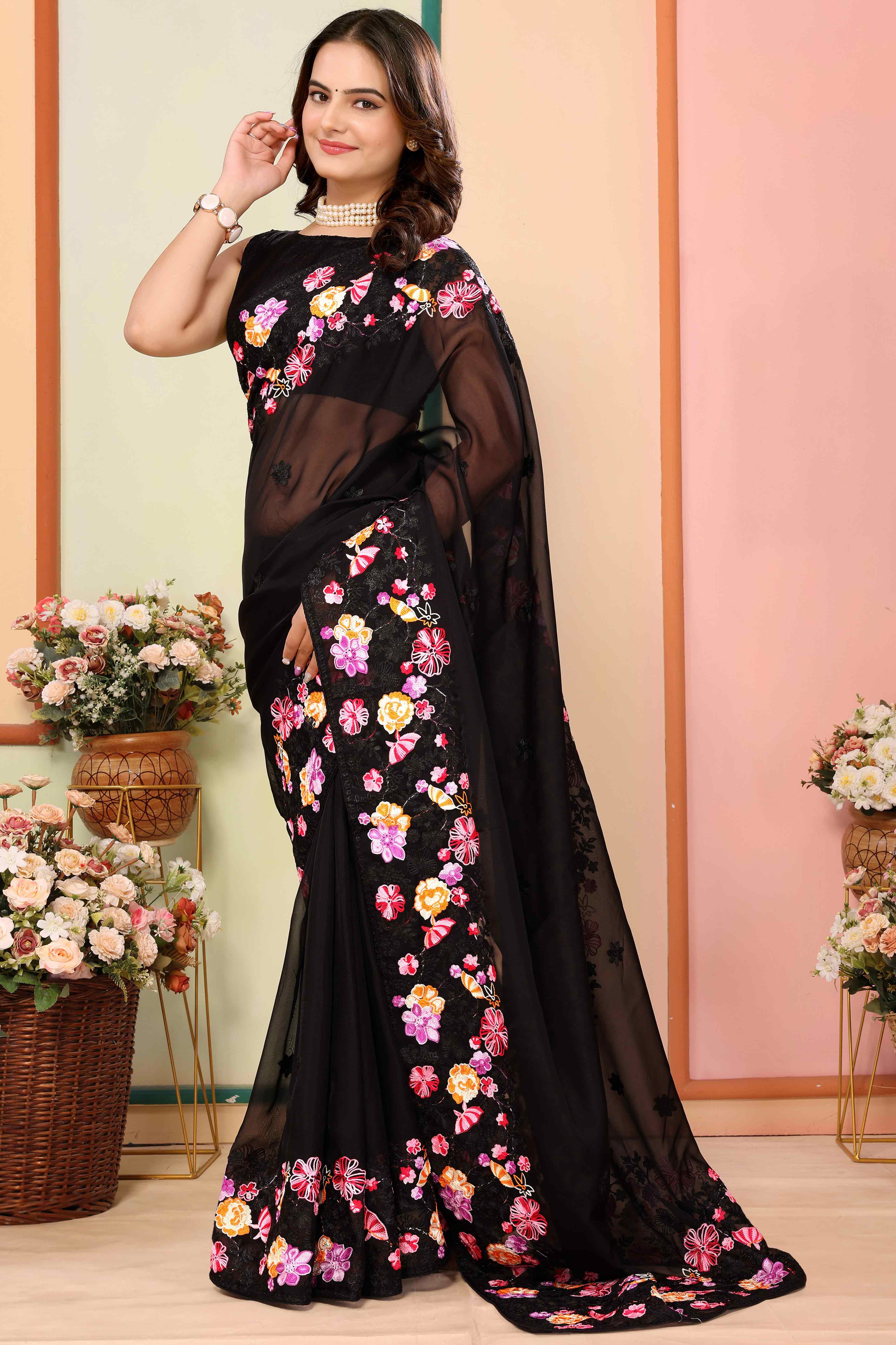 Black Floral Embroidered Organza Saree