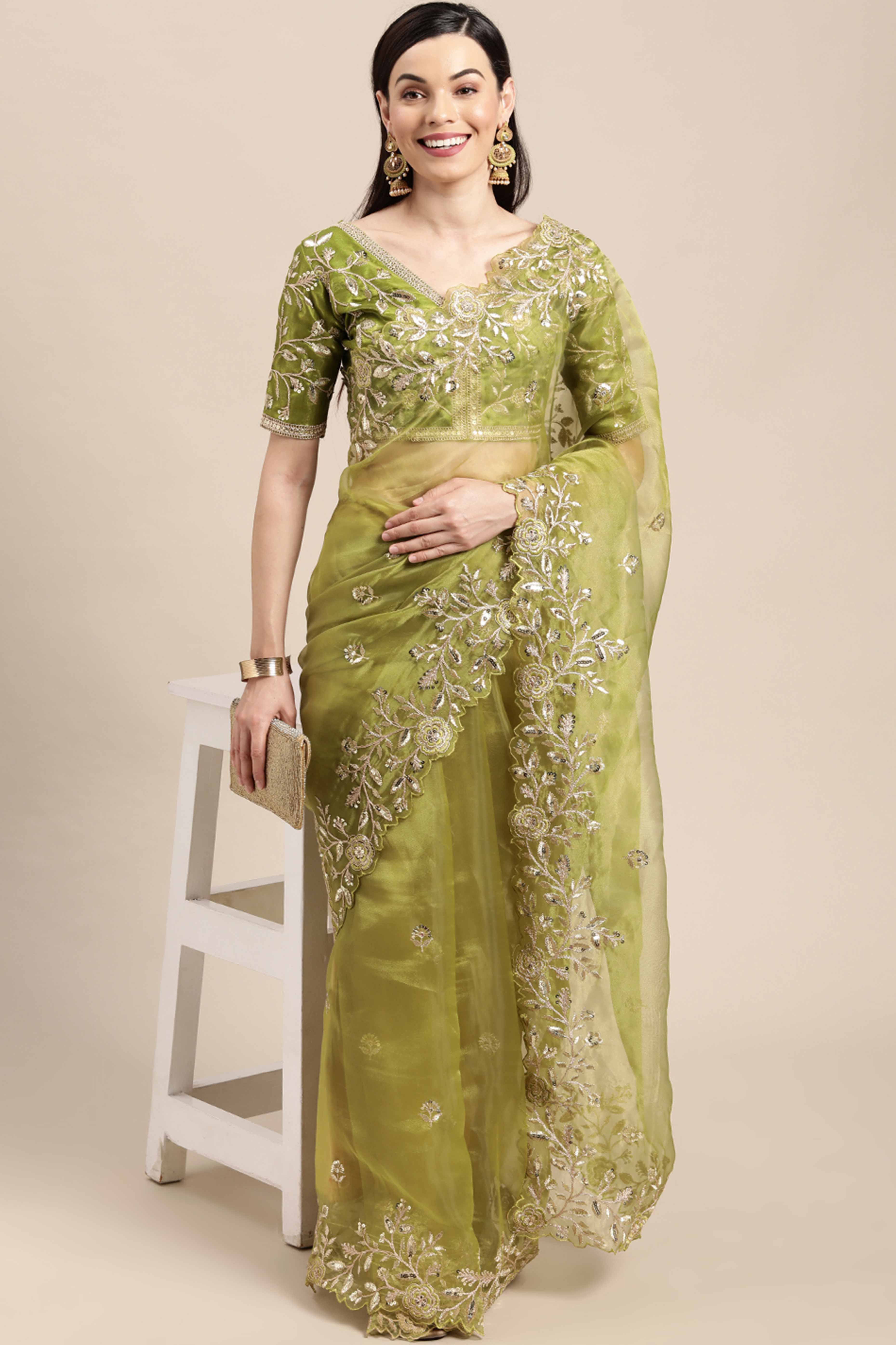 Organza Partywear Saree in Mehendi Green with Floral Embroidery