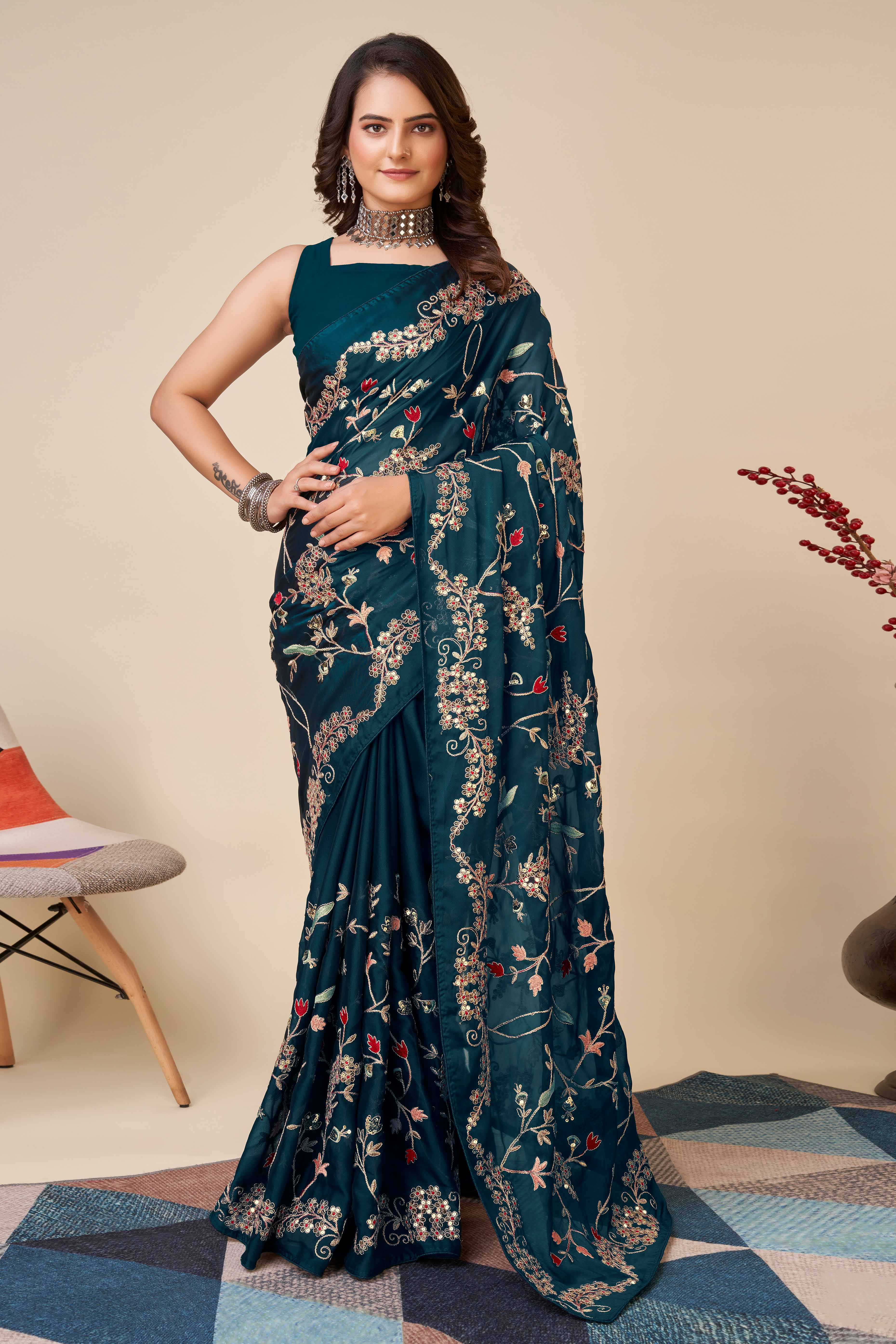 Teal Rangoli Art Silk Saree Featuring Intricate Floral Cording Embroidery & Sparkling Sequin Work