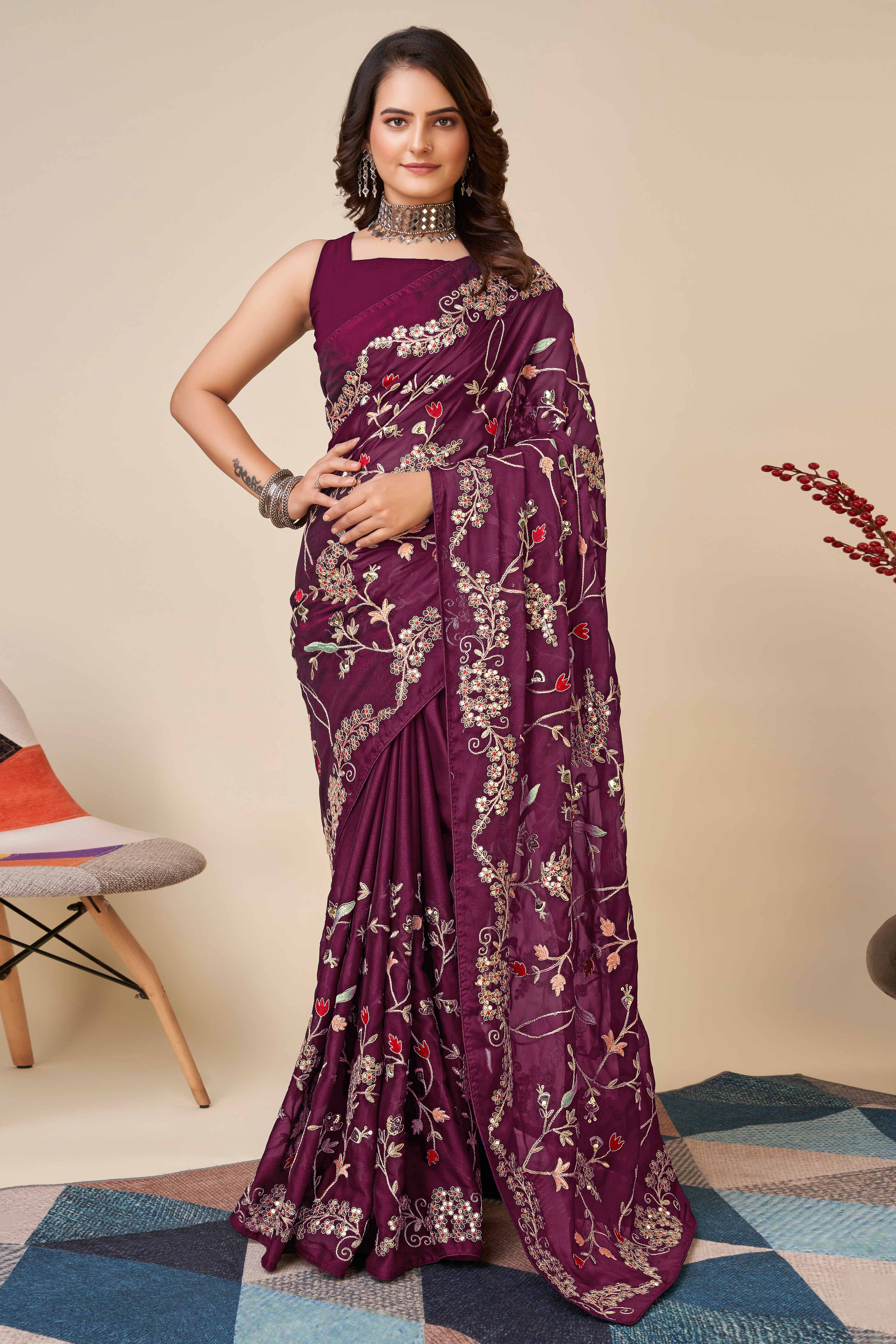 Wine Rangoli Art Silk Saree Featuring Intricate Floral Cording Embroidery & Sparkling Sequin Work