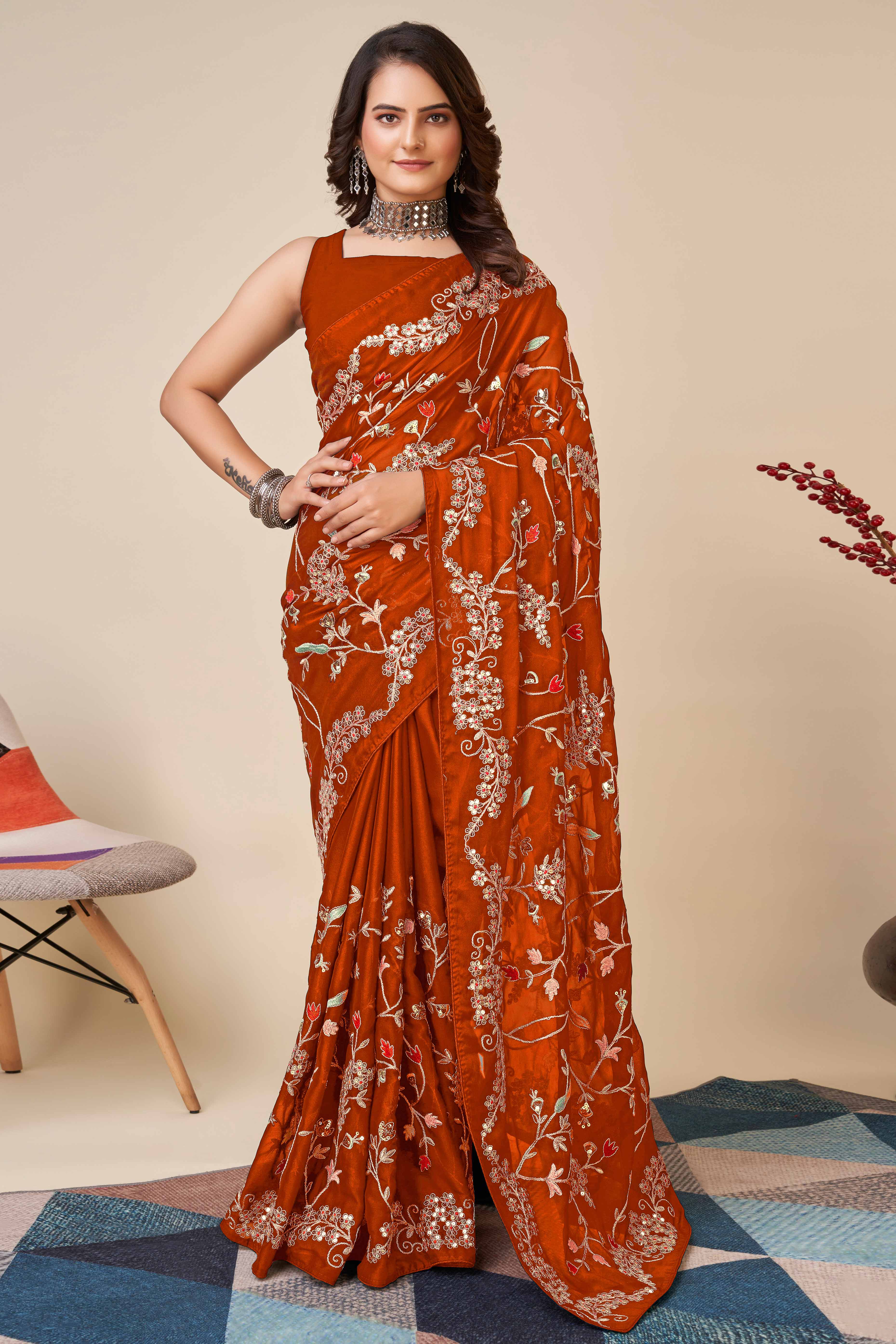Orange Rangoli Art Silk Saree Featuring Intricate Floral Cording Embroidery & Sparkling Sequin Work
