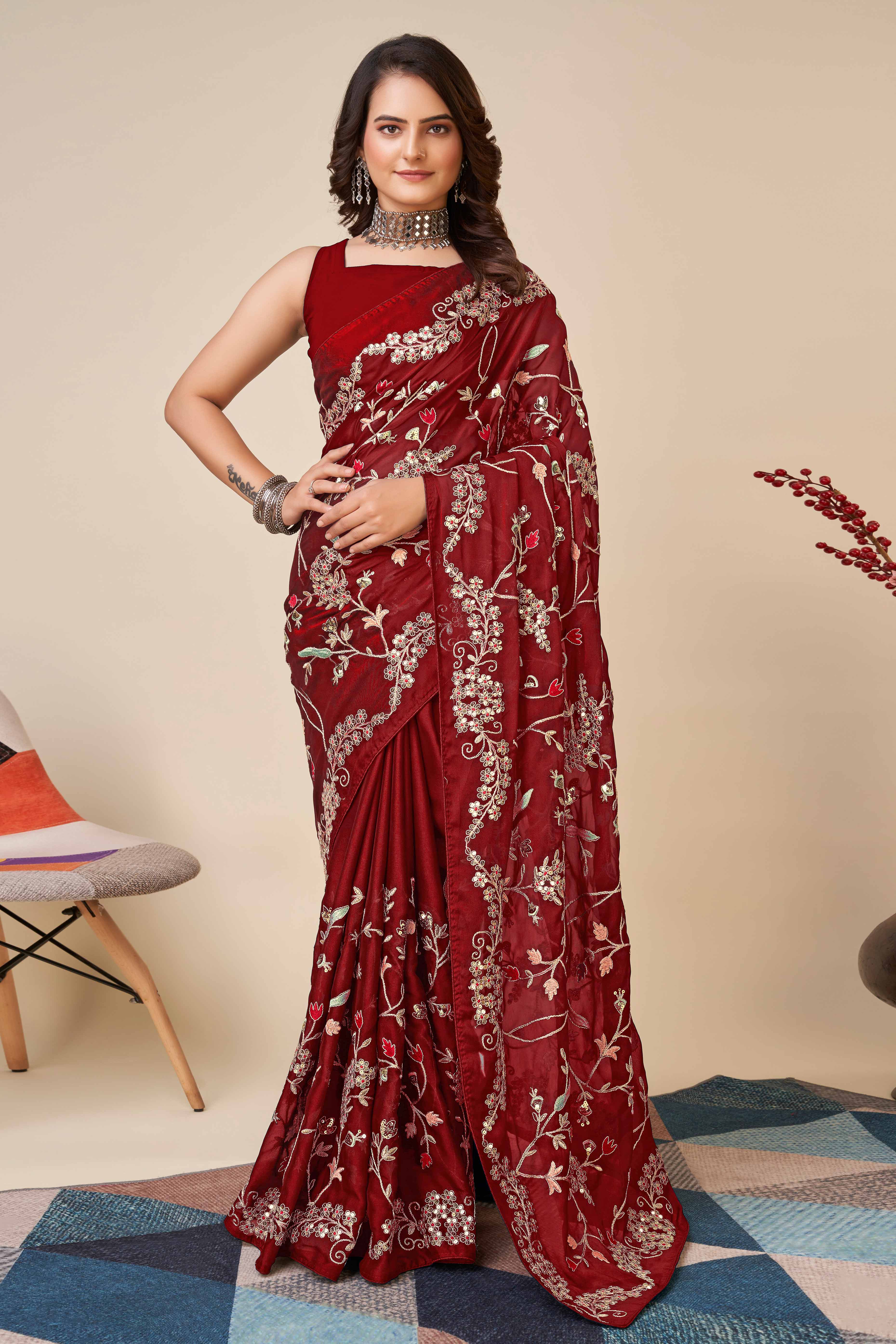 Maroon Rangoli Art Silk Saree Featuring Intricate Floral Cording Embroidery & Sparkling Sequin Work