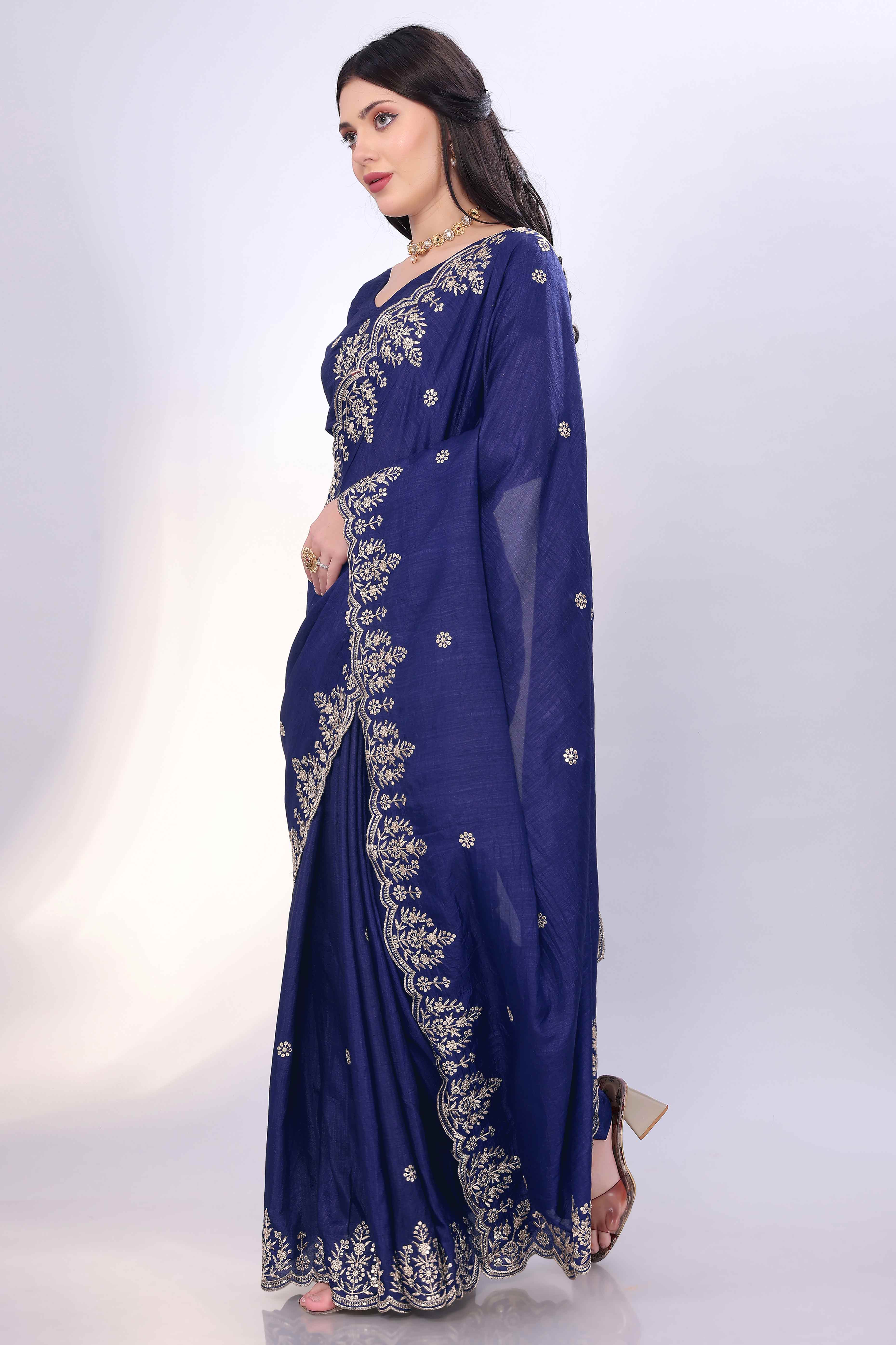 Blue Zari Embroidered Saree In Vichitra Silk With Shimmering Floral Sequins Work