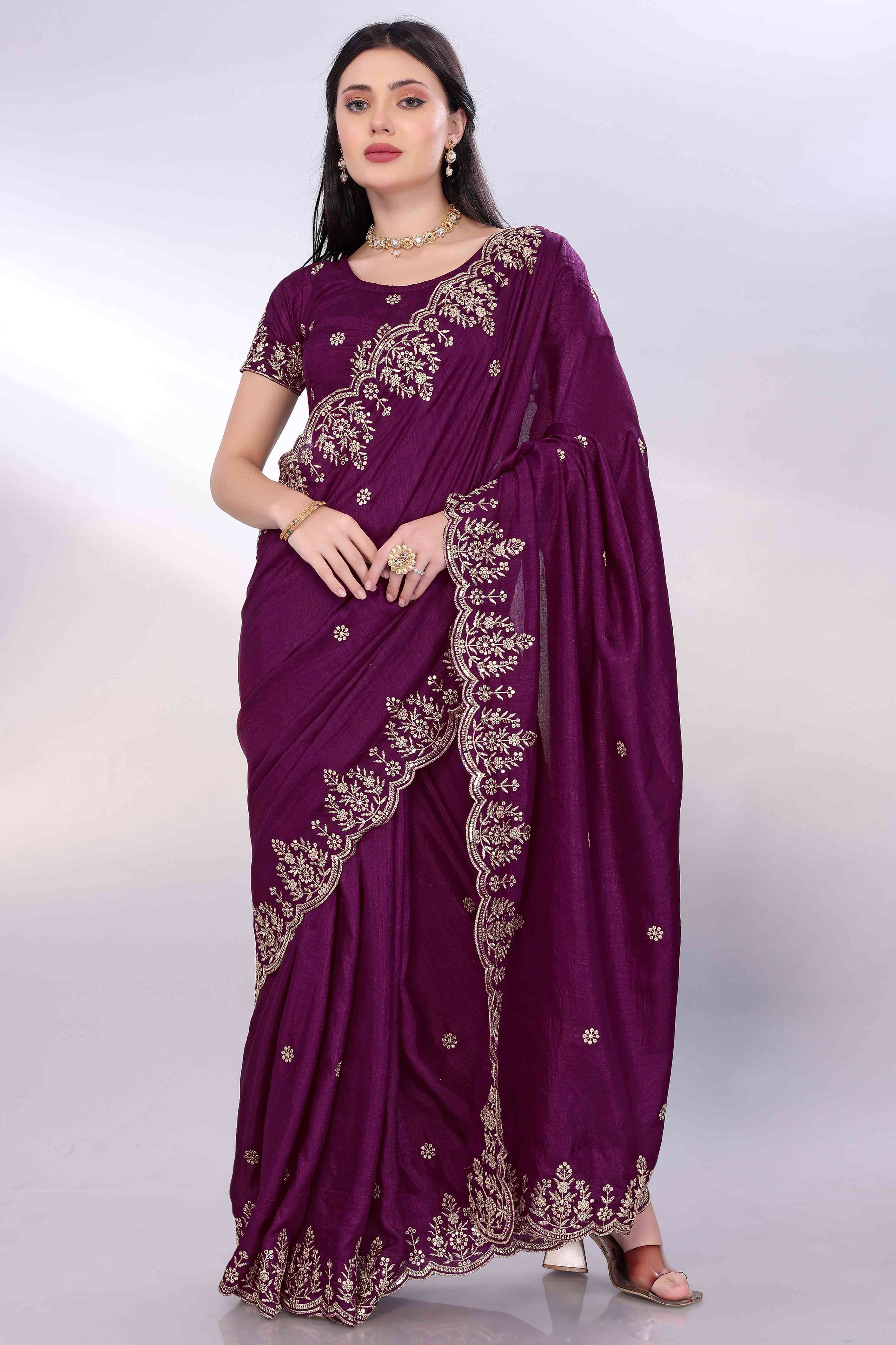 Wine Zari Embroidered Saree In Vichitra Silk With Shimmering Floral Sequins Work