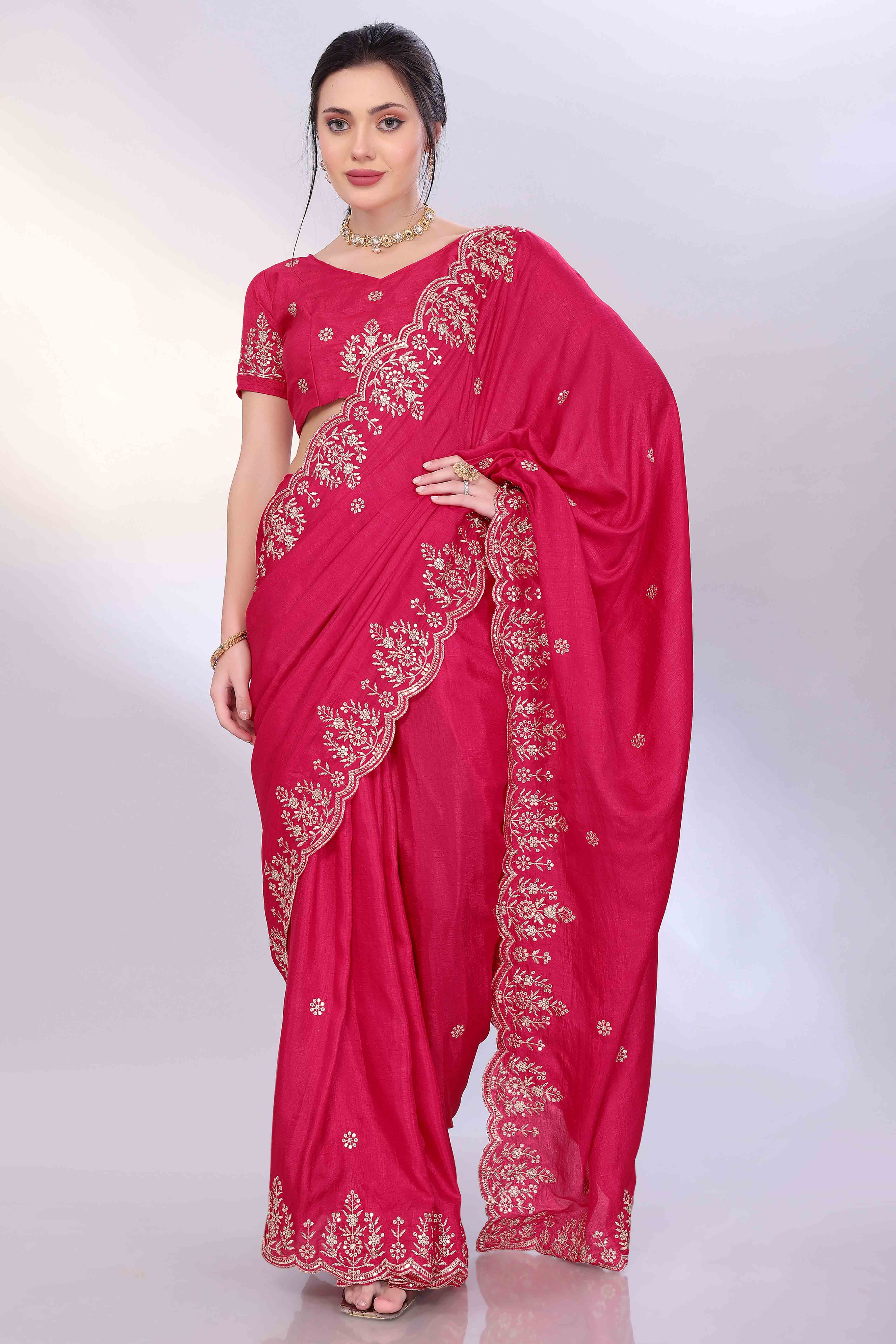 Pink Zari Embroidered Saree In Vichitra Silk With Shimmering Floral Sequins Work
