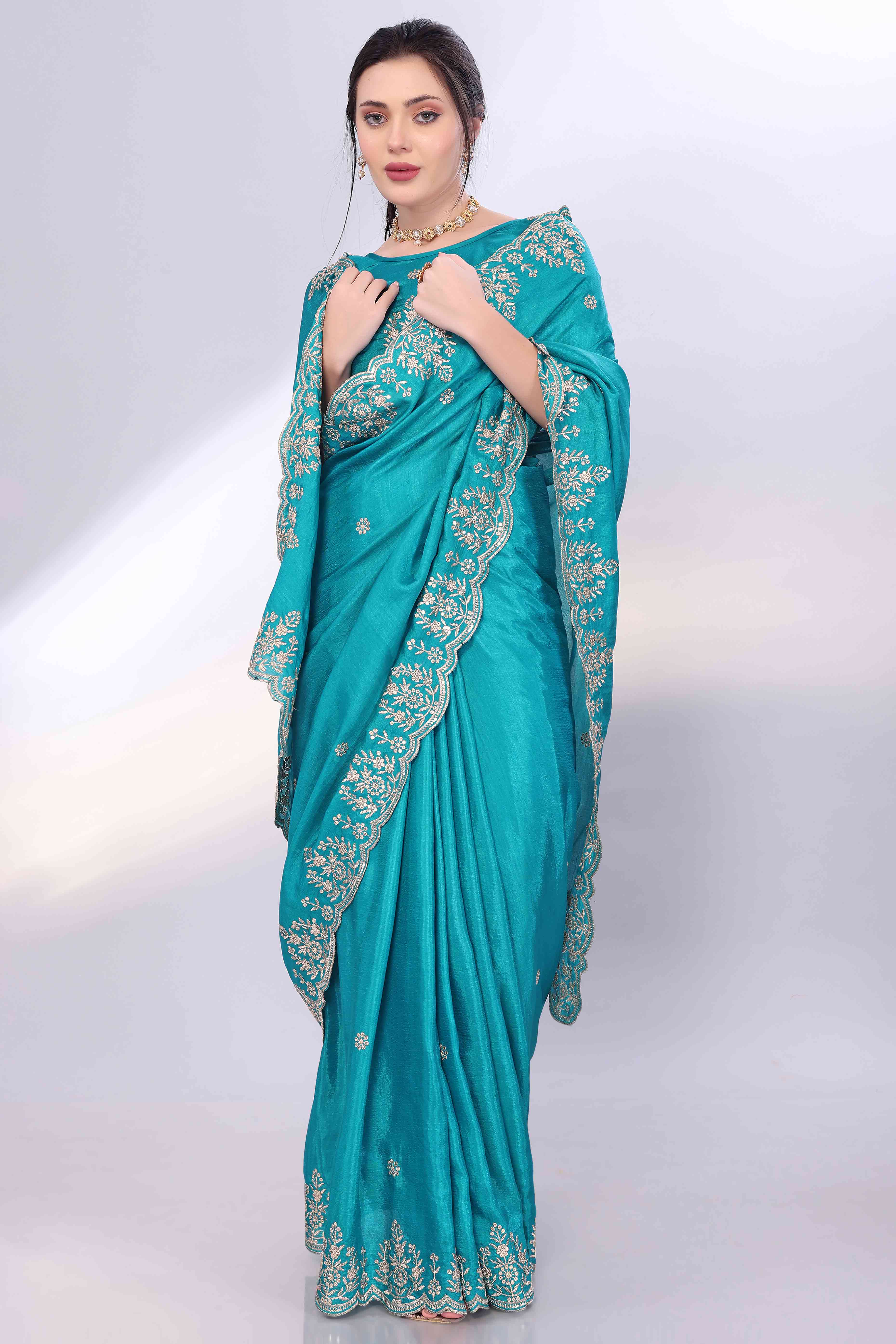 Turquoise Zari Embroidered Saree In Vichitra Silk With Shimmering Floral Sequins Work