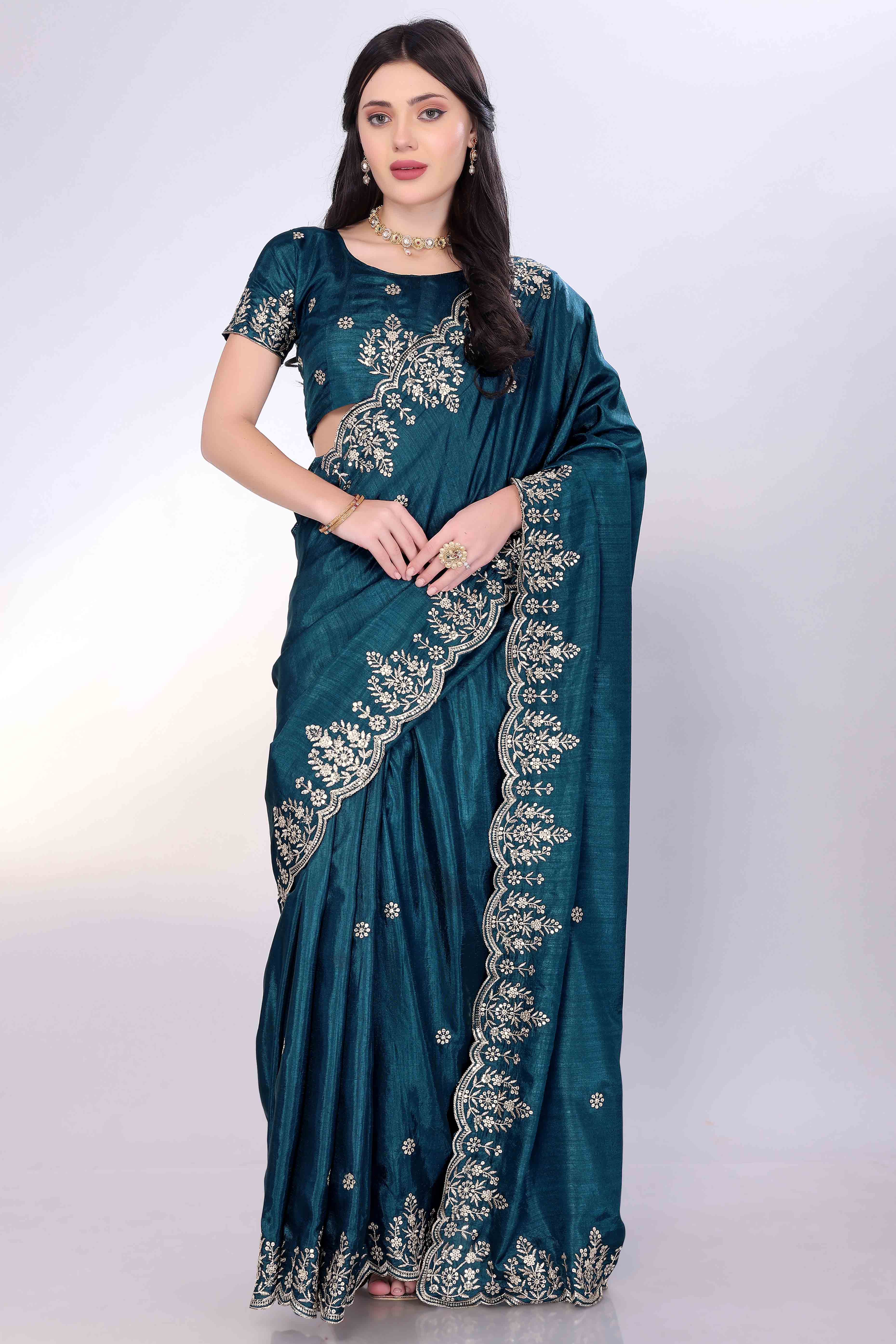 Morpich Blue Zari Embroidered Saree In Vichitra Silk With Shimmering Floral Sequins Work