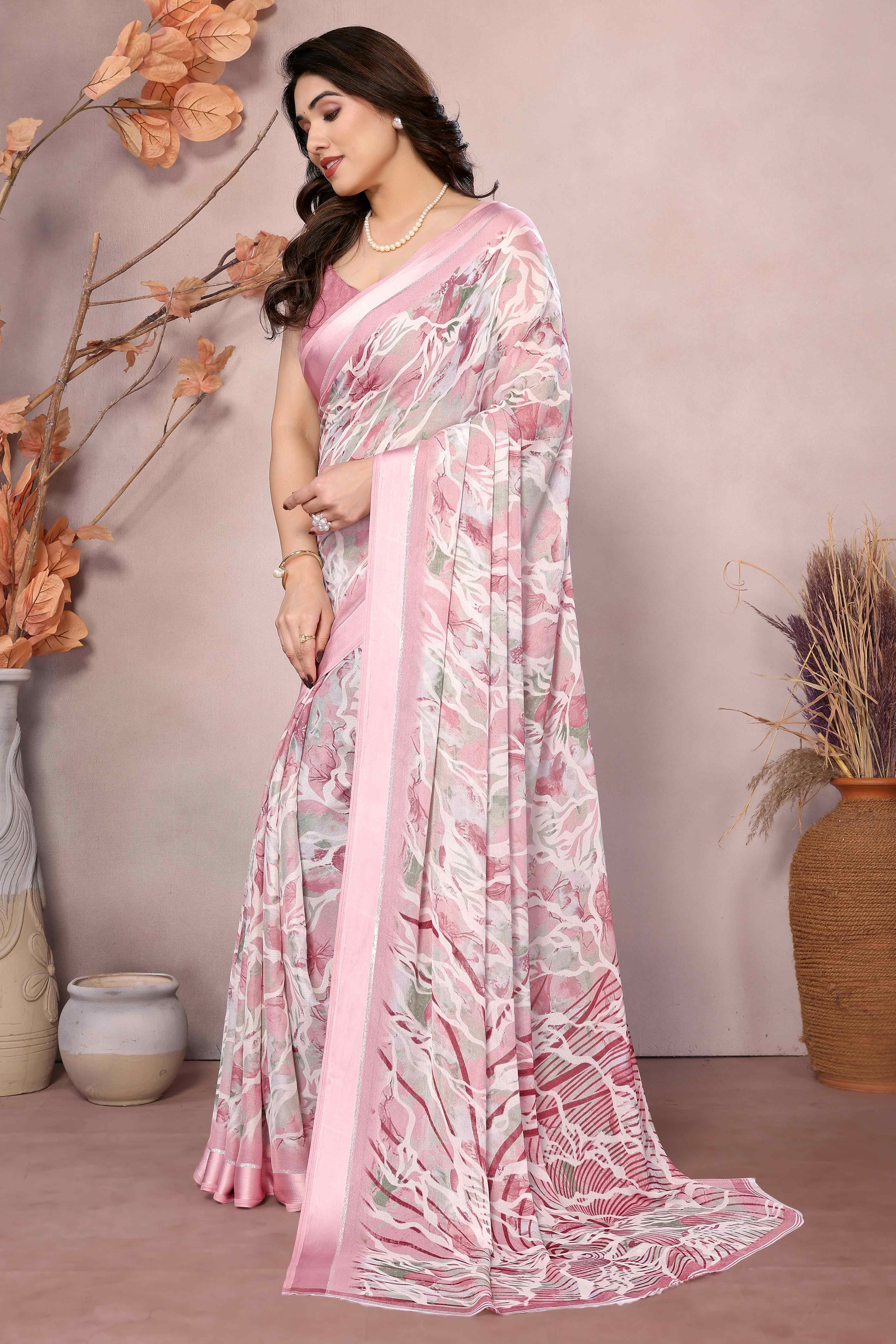 Peach Floral Printed Moss Art Silk Saree