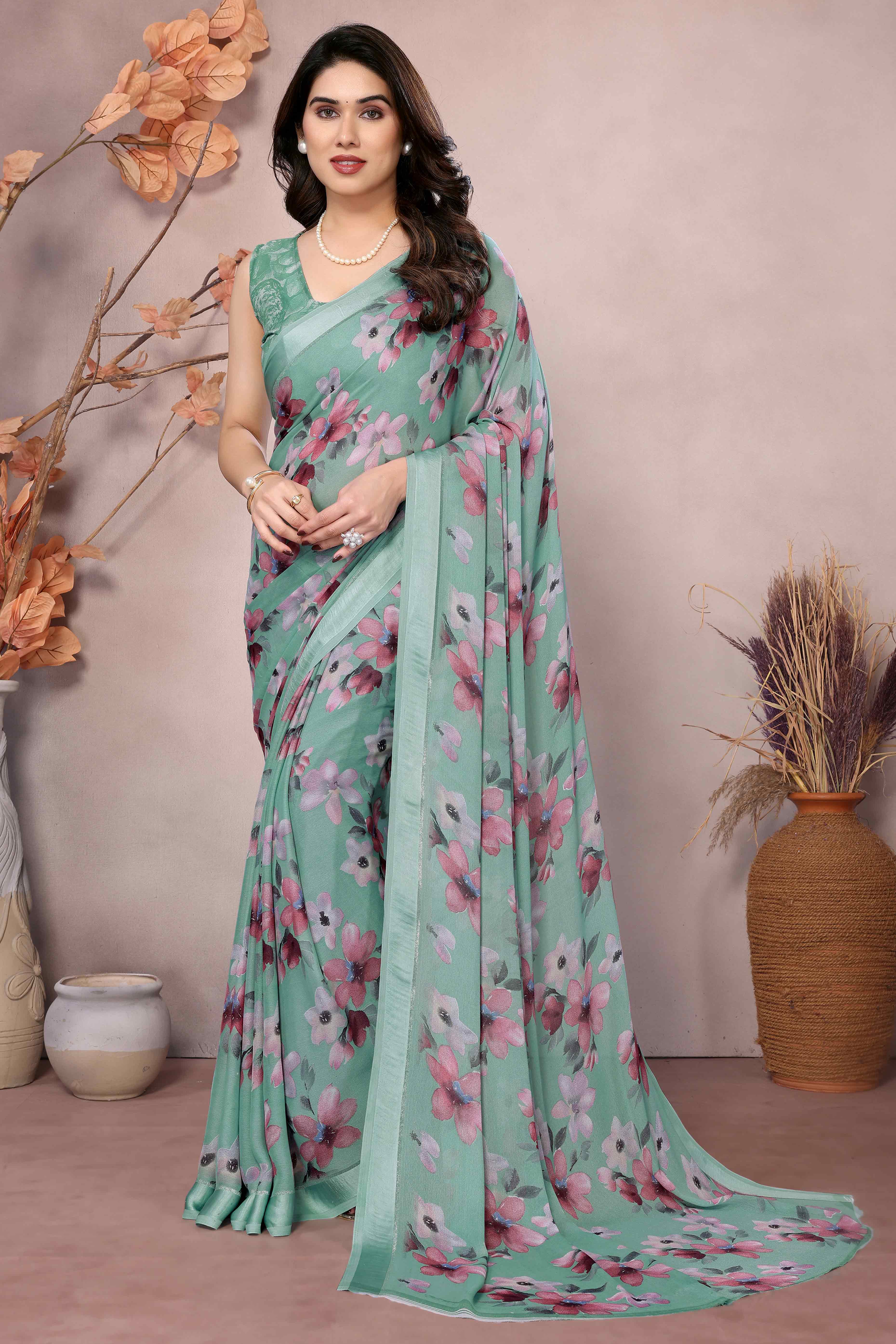 Sea Green Floral Printed Moss Art Silk Saree