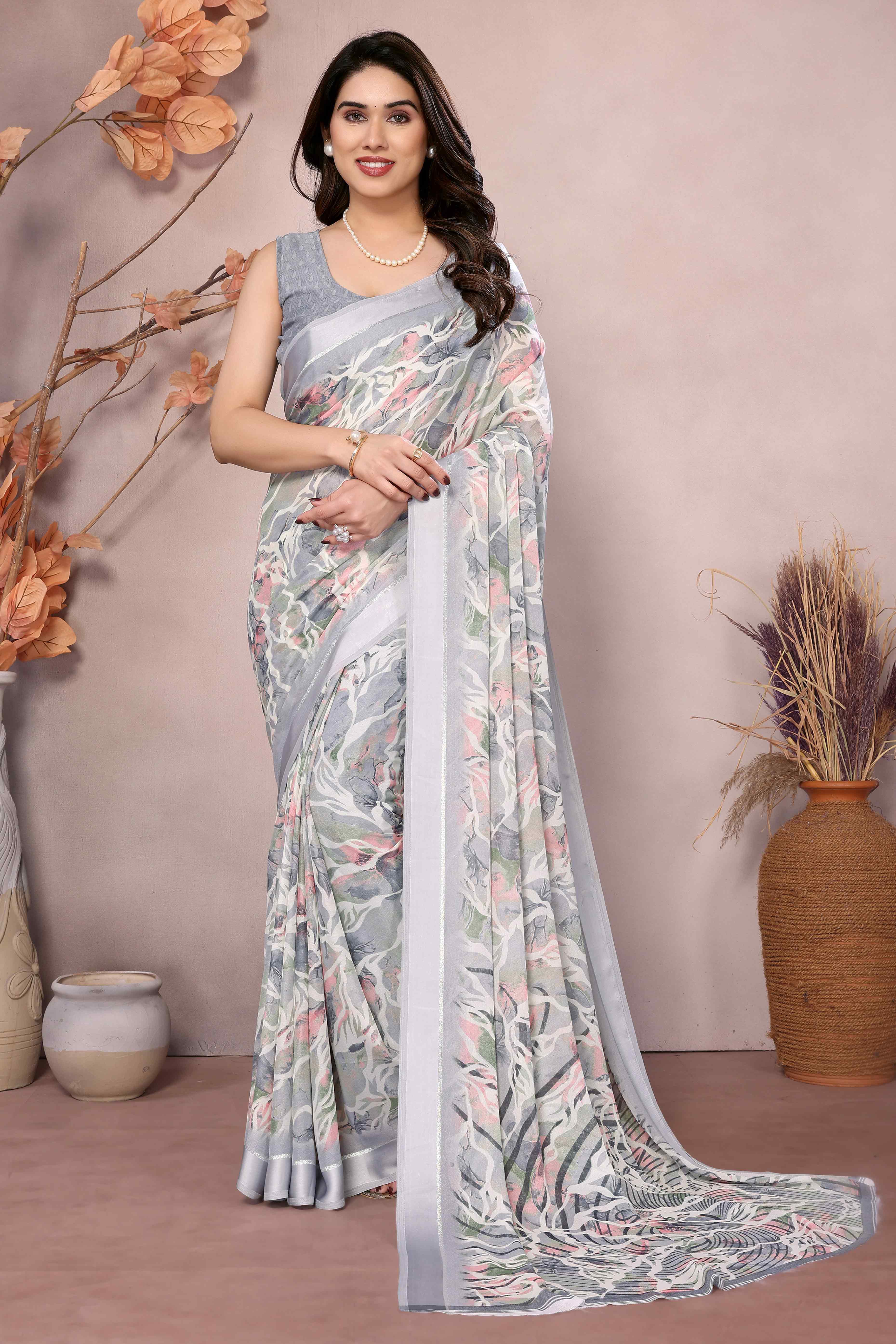 Grey Floral Printed Moss Art Silk Saree