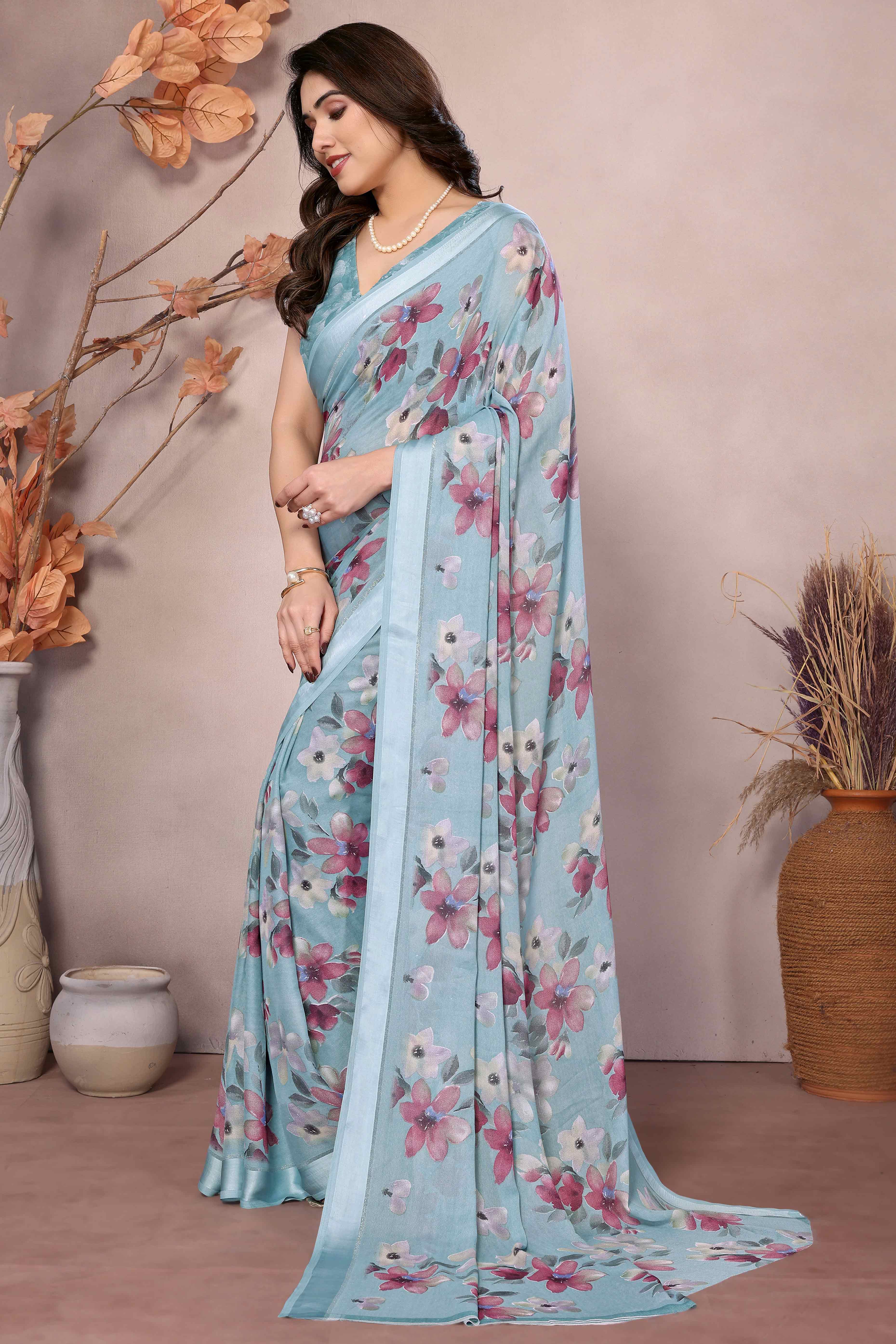 Blue Floral Printed Moss Art Silk Saree