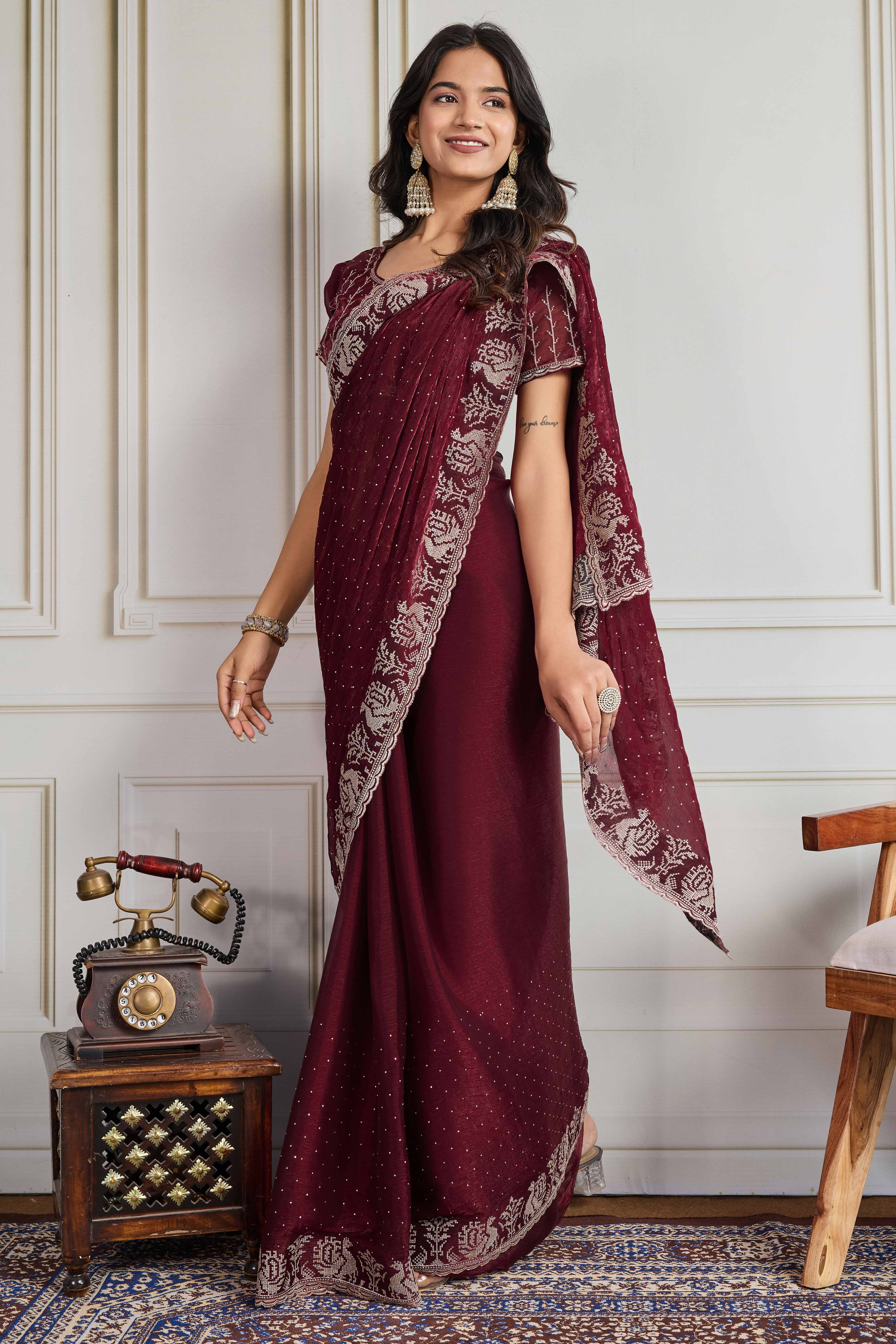 Maroon Festive Wear Silk Blend Saree with Embroidery & Stones