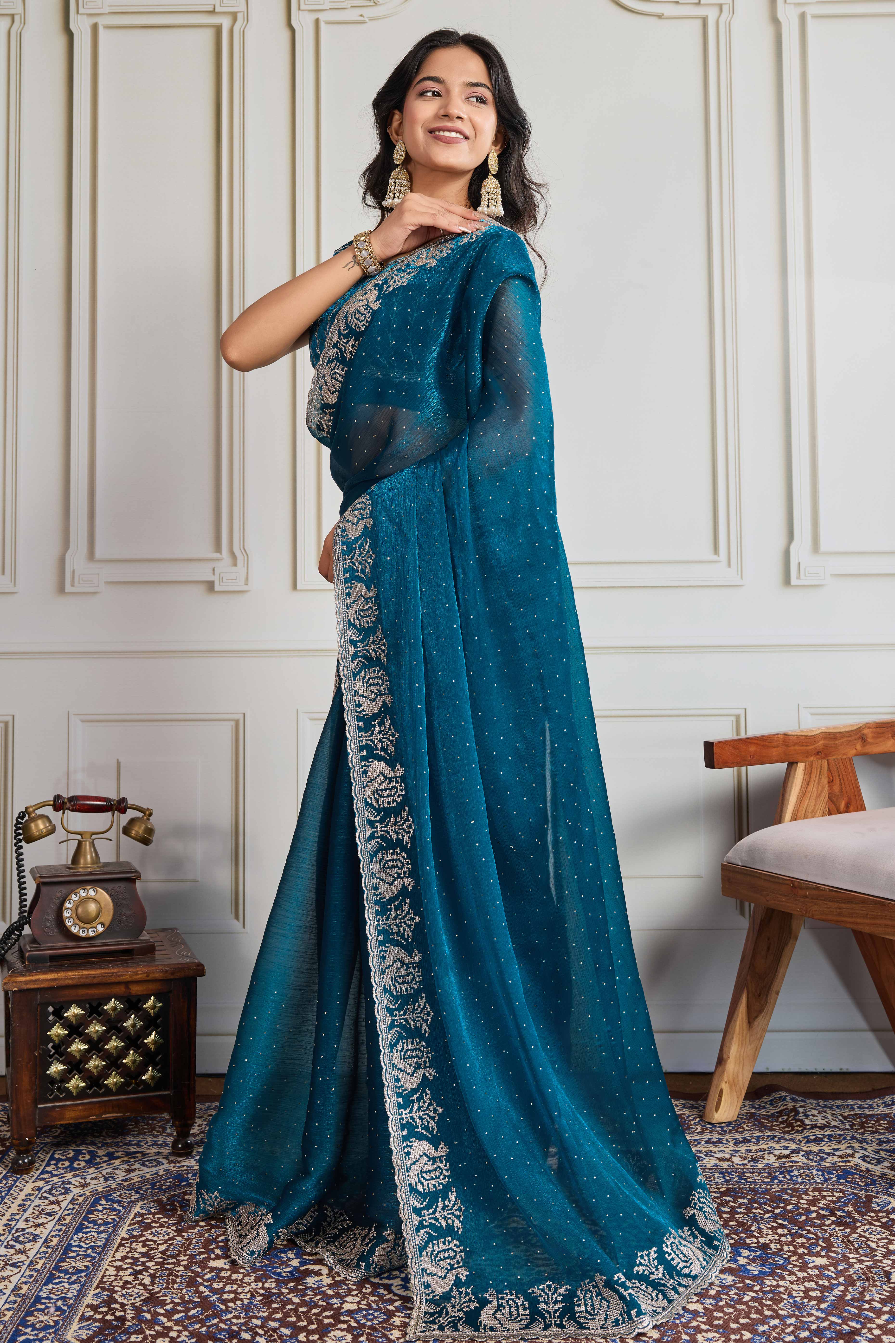 Teal Festive Wear Silk Blend Saree with Embroidery & Stones