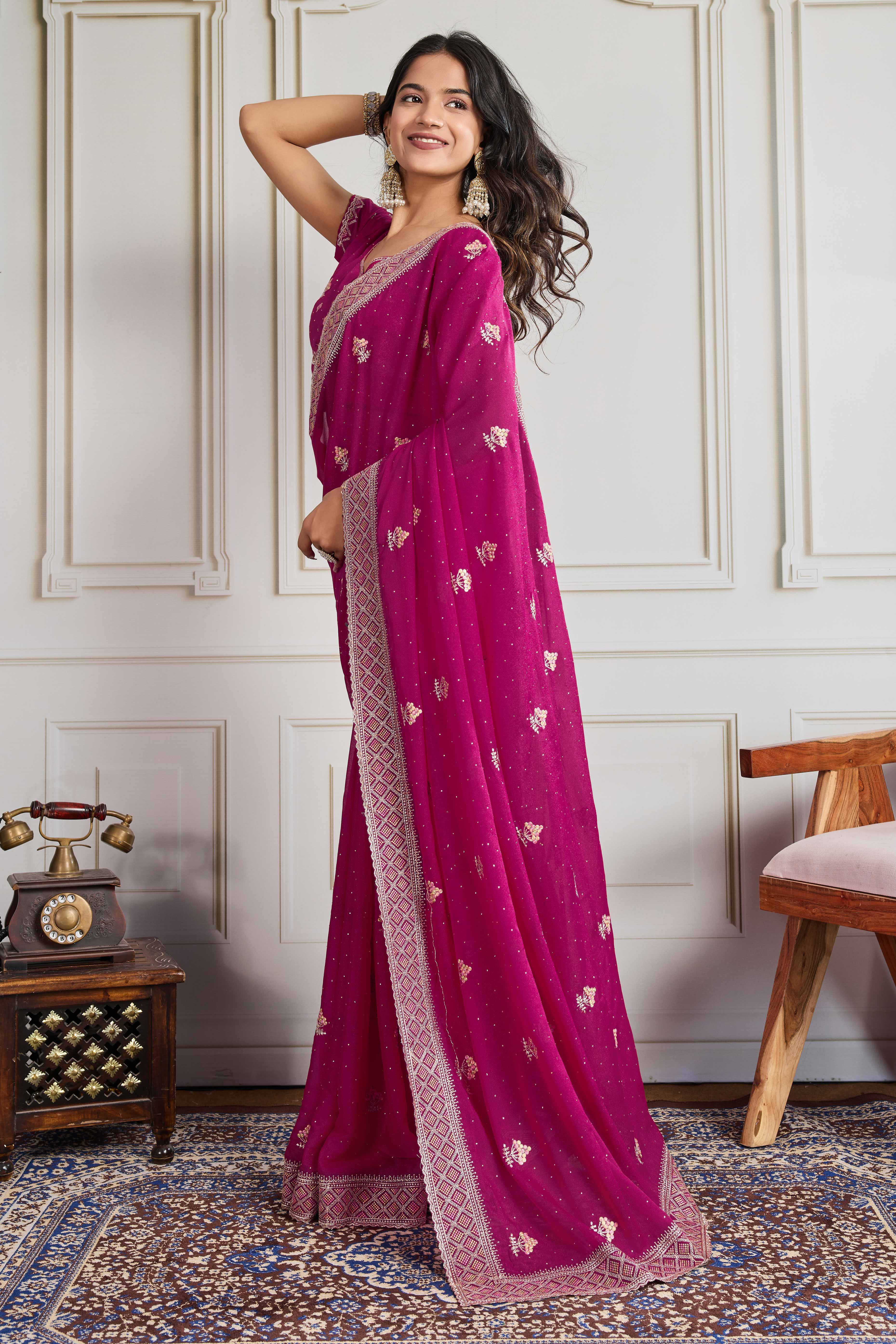 Pink Georgette Saree Featuring Embroidered and Stone Work