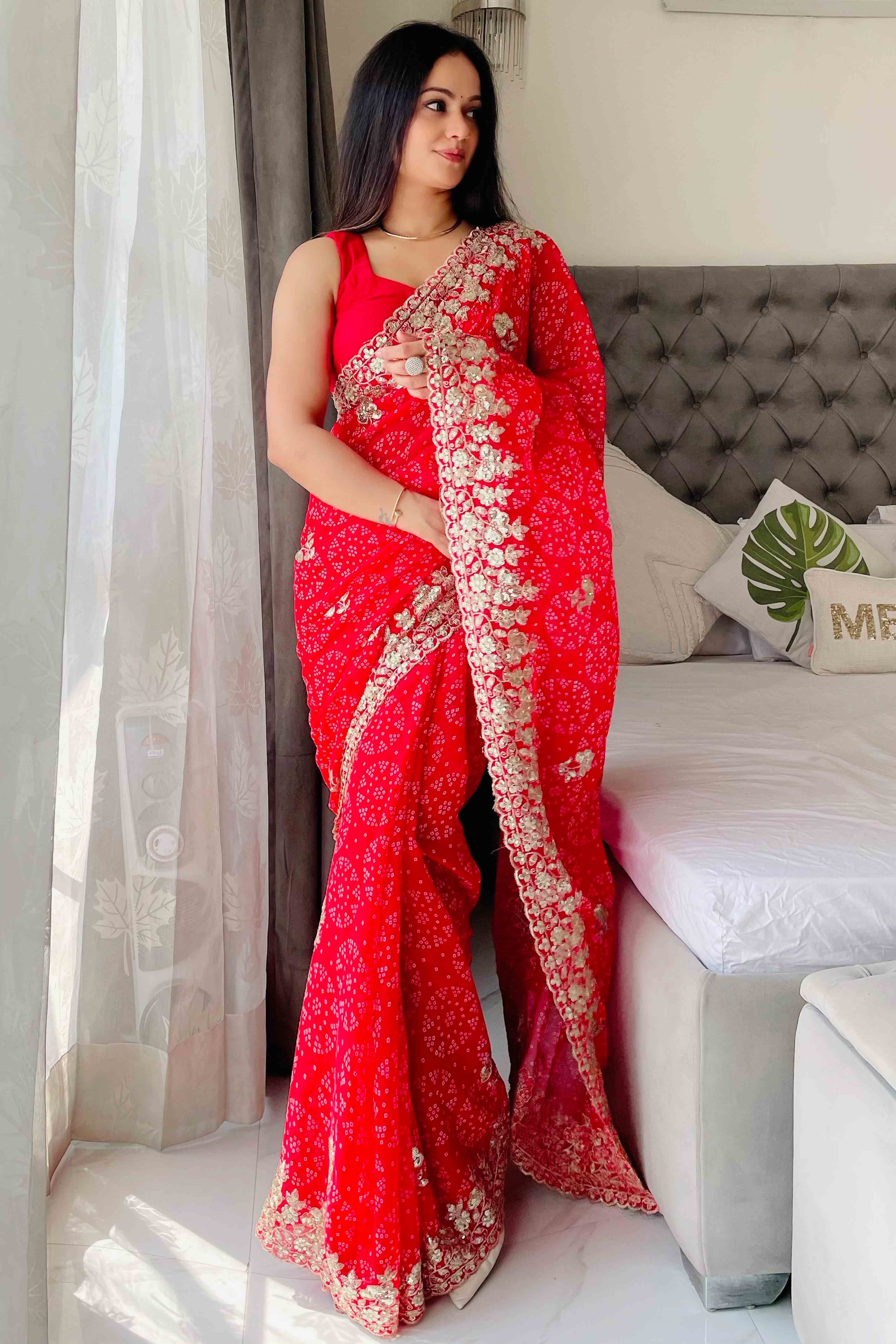 Red Bandhani Printed Georgette Saree With Dazzling Floral Sequin Embroidery