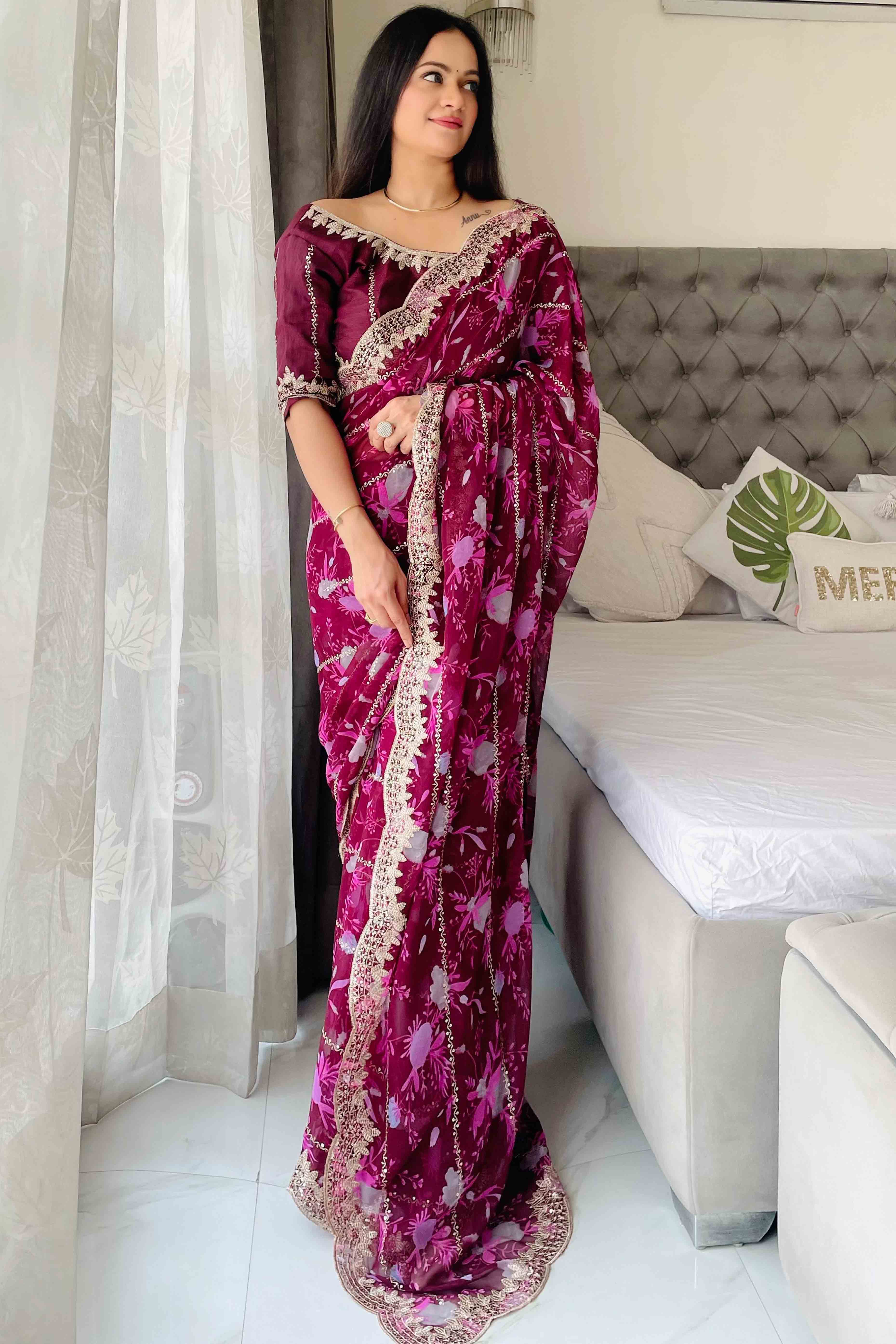 Wine Floral Zari Embroidered Georgette Saree With Sparkling Sequin Embellishments
